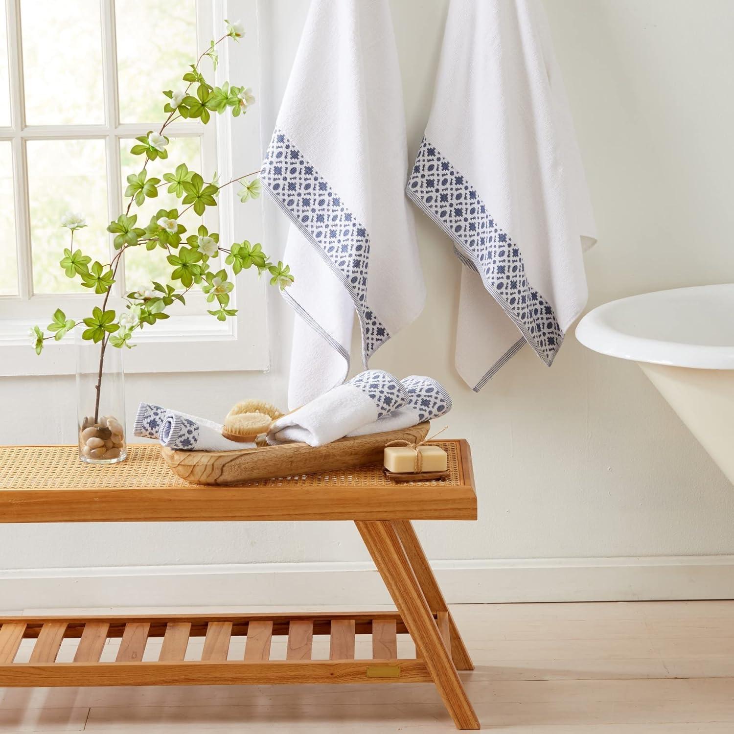 Market & Place 100% Cotton Luxury Towel Set | Super Soft and Highly Absorbent | Textured Decorative Border | 2 Bath Towels, 2 Hand Towels, & 2 Washcloths | Nitra Collection (White/Navy)