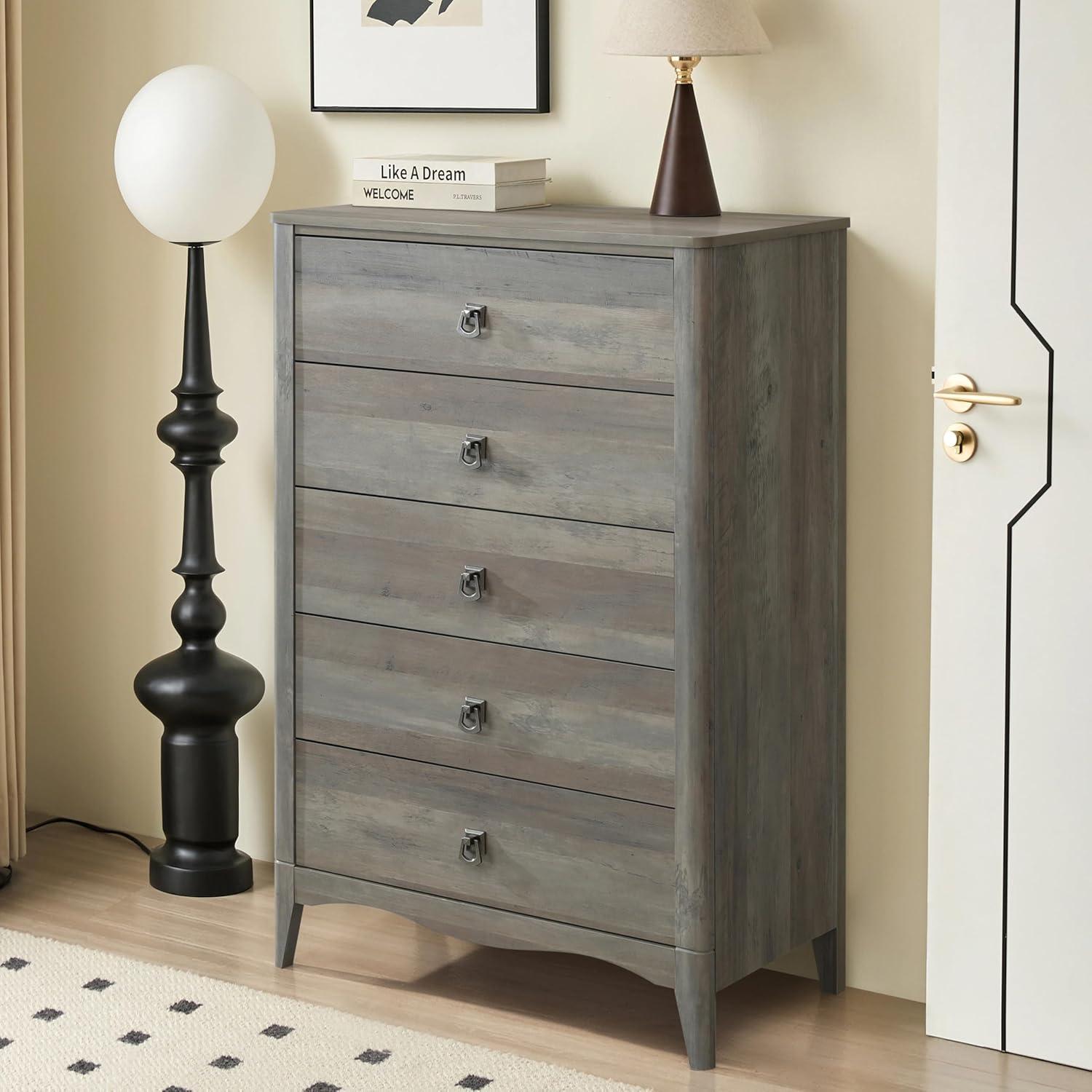 Breakwater Bay Celine 5 Drawers Dresser with Pre-Assembled Interlock and Slide, 47" Tall Modern Chest of Drawers, Wood Drawer Organizer for Bedroom, Living Room, Hallway, Entryway, Drift Wood Gray & Reviews | Wayfair
