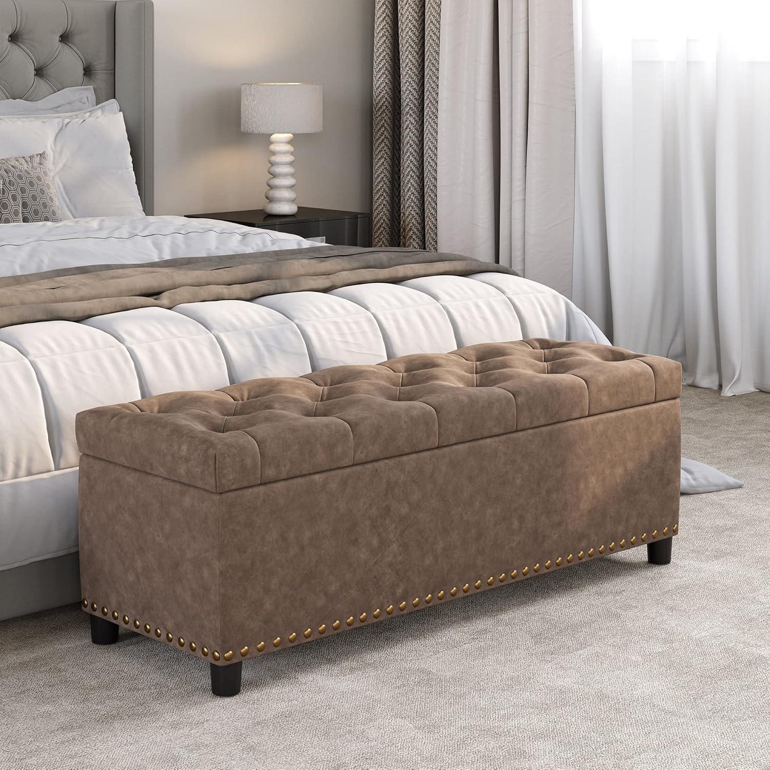 BELLEZE Button-Tufted Faux Leather Storage Ottoman Bench - Brentwood (Rustic Brown)