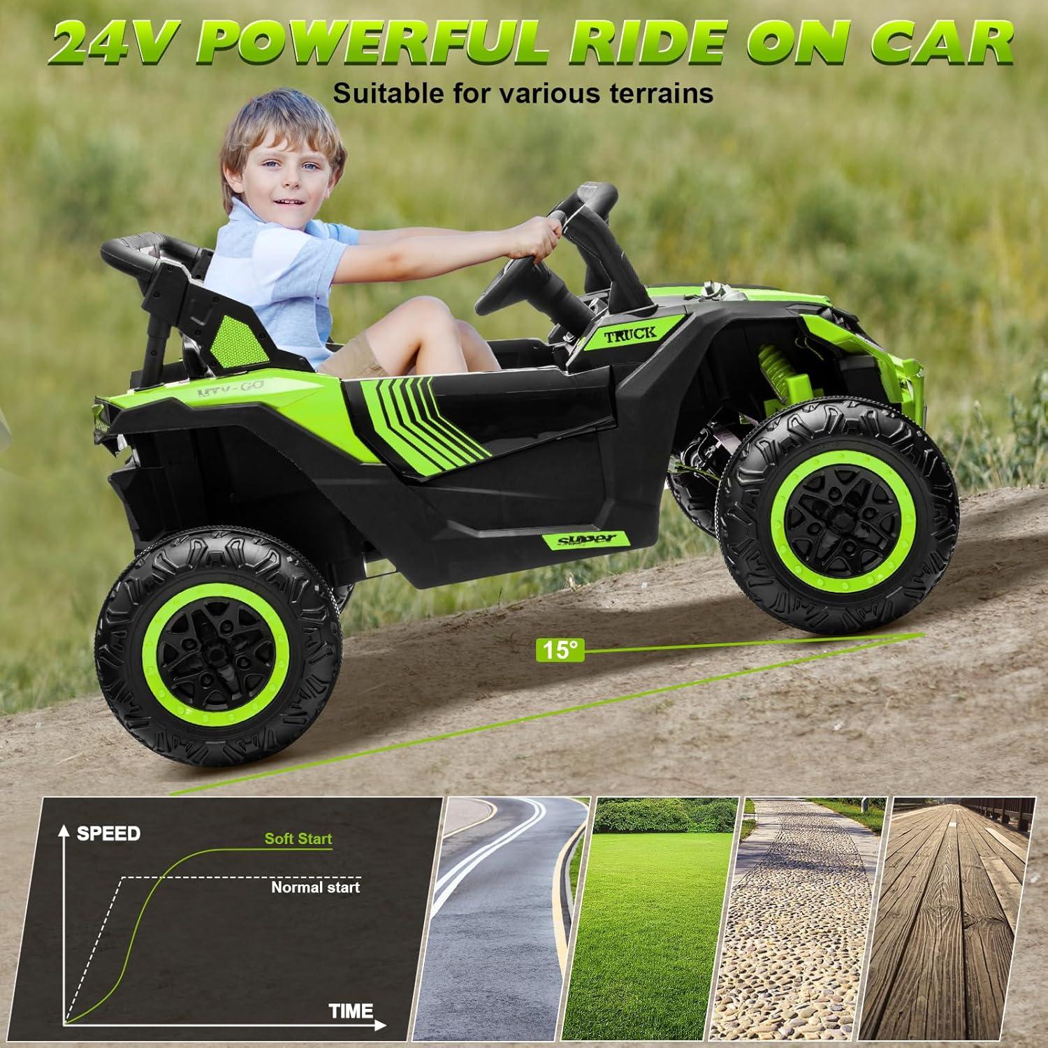 24V Ride on Car 2 Seater Ride on UTV 4X4 Off-Road UTV for Kids 4X200W Powerful Motor Kids' Electric Vehicles with Remote Control, Spring Suspension, Led Light, Bluetooth Music, Green