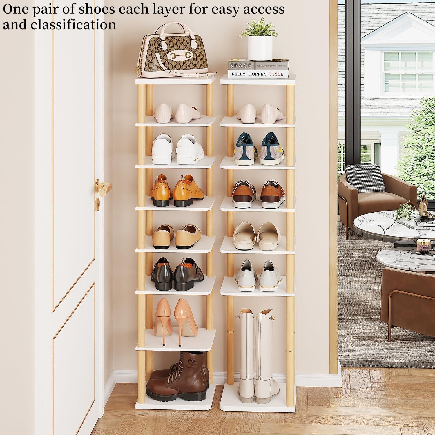 LUCKNOCK Vertical Shoe Rack, 8-Tier Tall Narrow Shoe Organizer for Entryway, Closet, Dorm & Small Spaces, Freestanding White Wooden Shoe Shelf Tower for Boots, Sneakers, Heels.