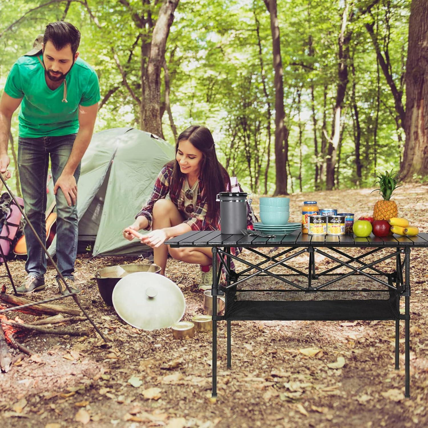 46.5" Black Aluminum Roll-Up Camping Table with Mesh Storage