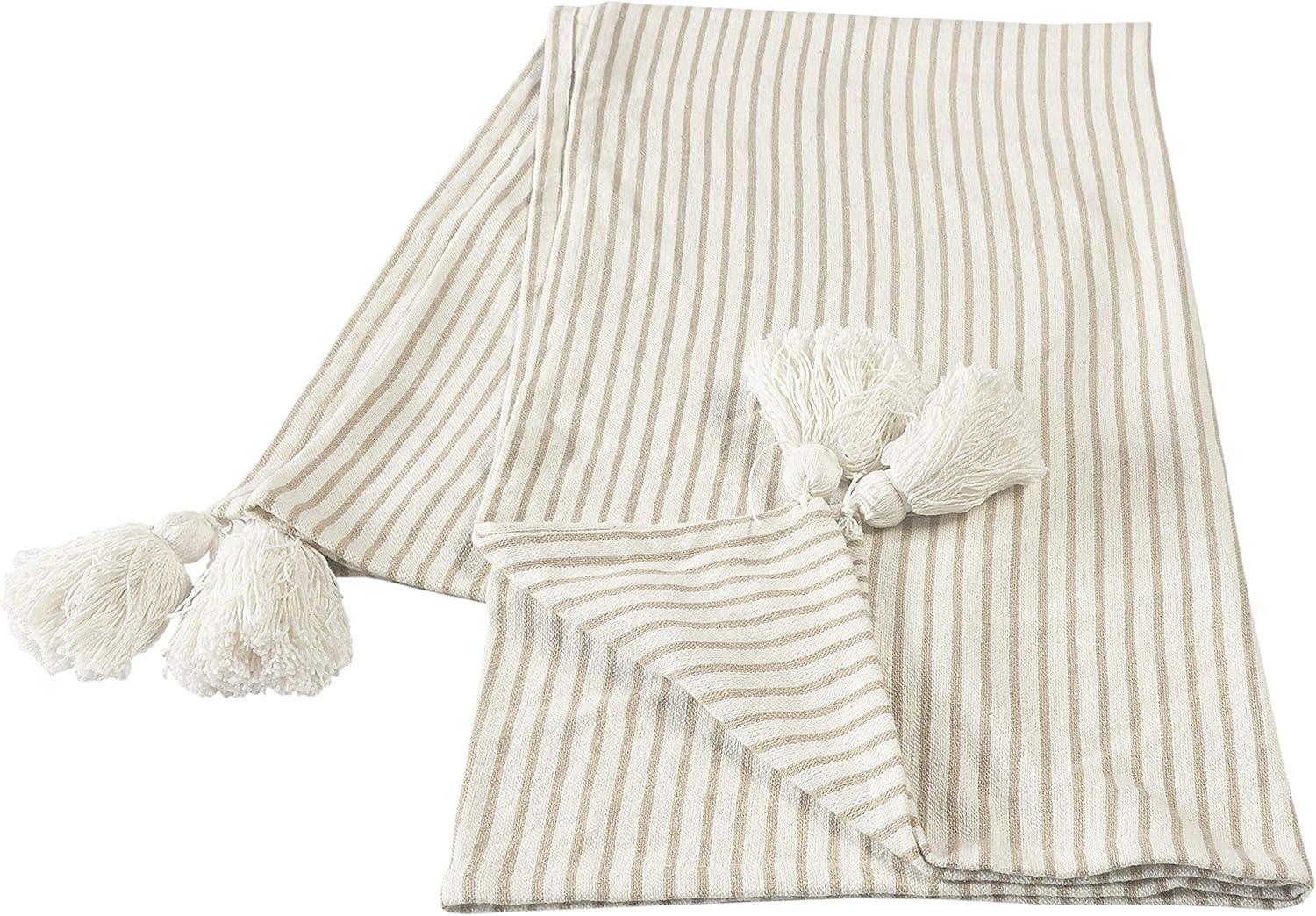 Woven Paths Striped Throw Blanket with Tassels, Ivory / Beige, 50" x 60"