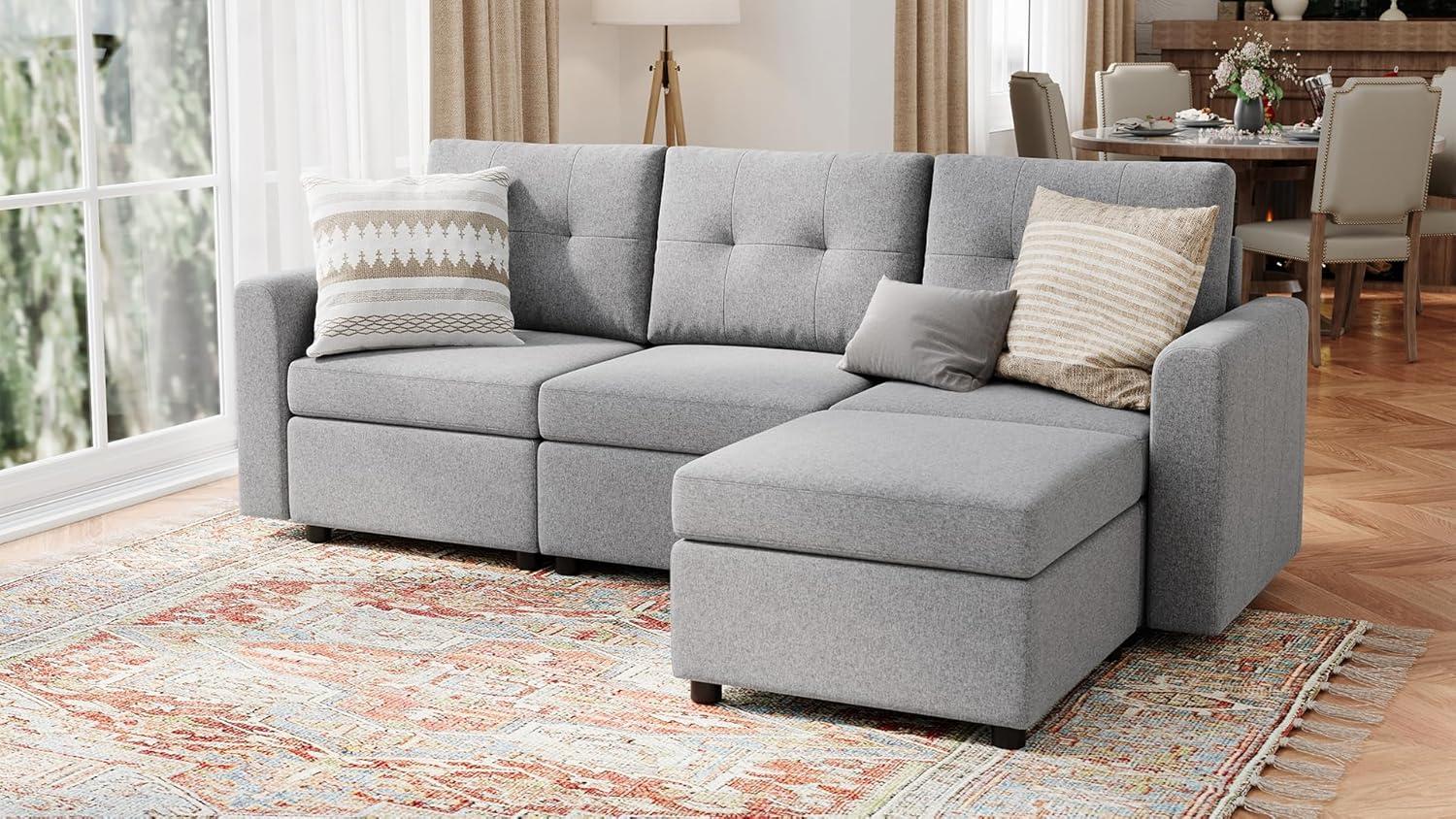 Gray Polylinen Modular Sectional Sofa with Ottoman