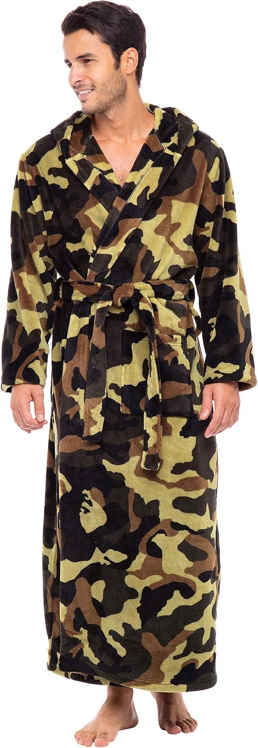 ADR Mens Robe, Plush Fleece Hooded Bathrobe Men, Men's Bathrobes, Big and Tall Bath Robe for Men Green Camouflage Medium