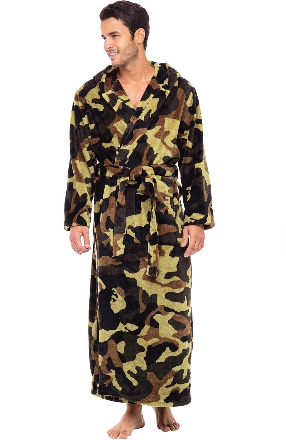 ADR Mens Robe, Plush Fleece Hooded Bathrobe Men, Men's Bathrobes, Big and Tall Bath Robe for Men Green Camouflage Medium