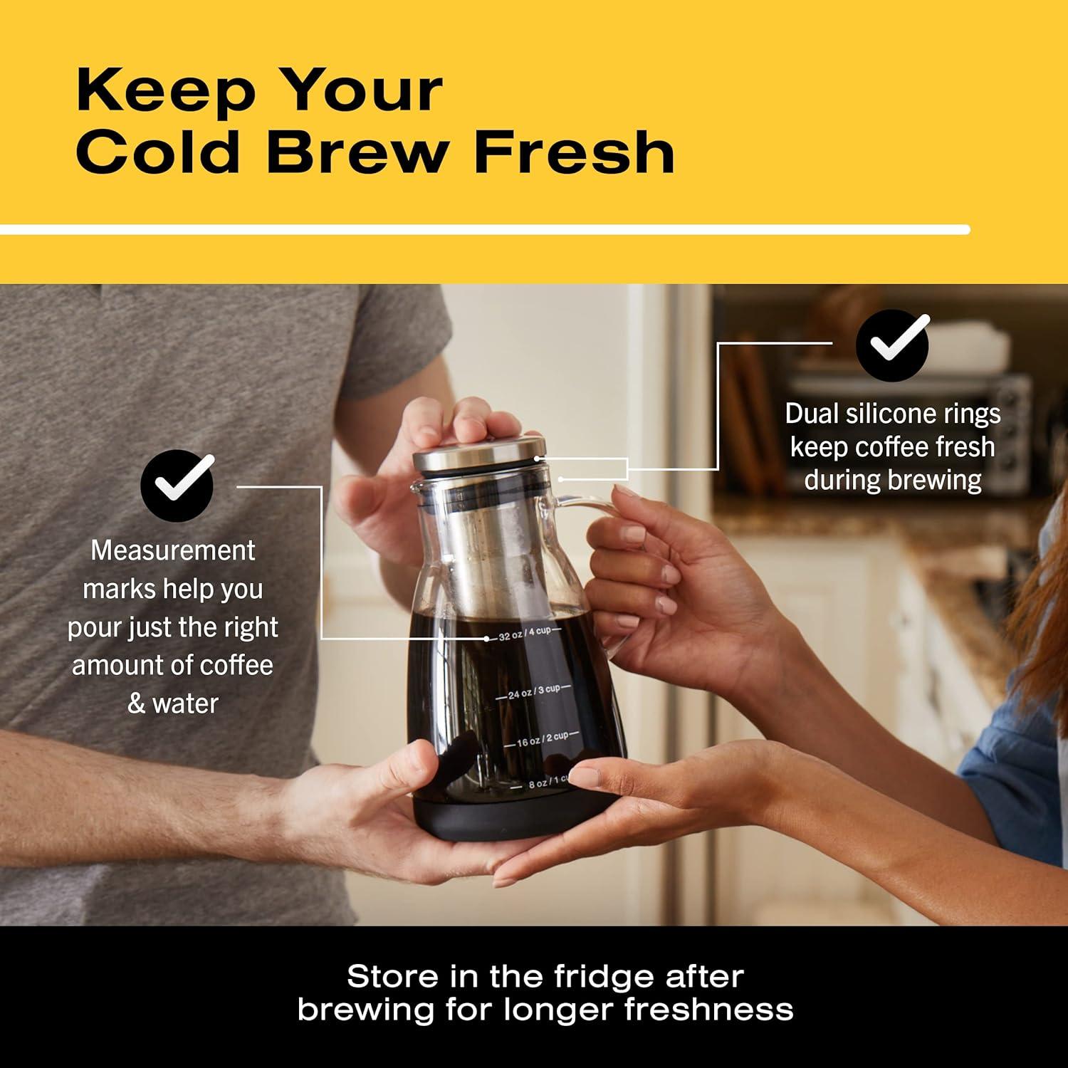 Bean Envy Cold Brew Coffee Maker - 32 oz Glass Iced Tea & Coffee Cold Brew Maker and Pitcher w/ Silicone Cap & Base