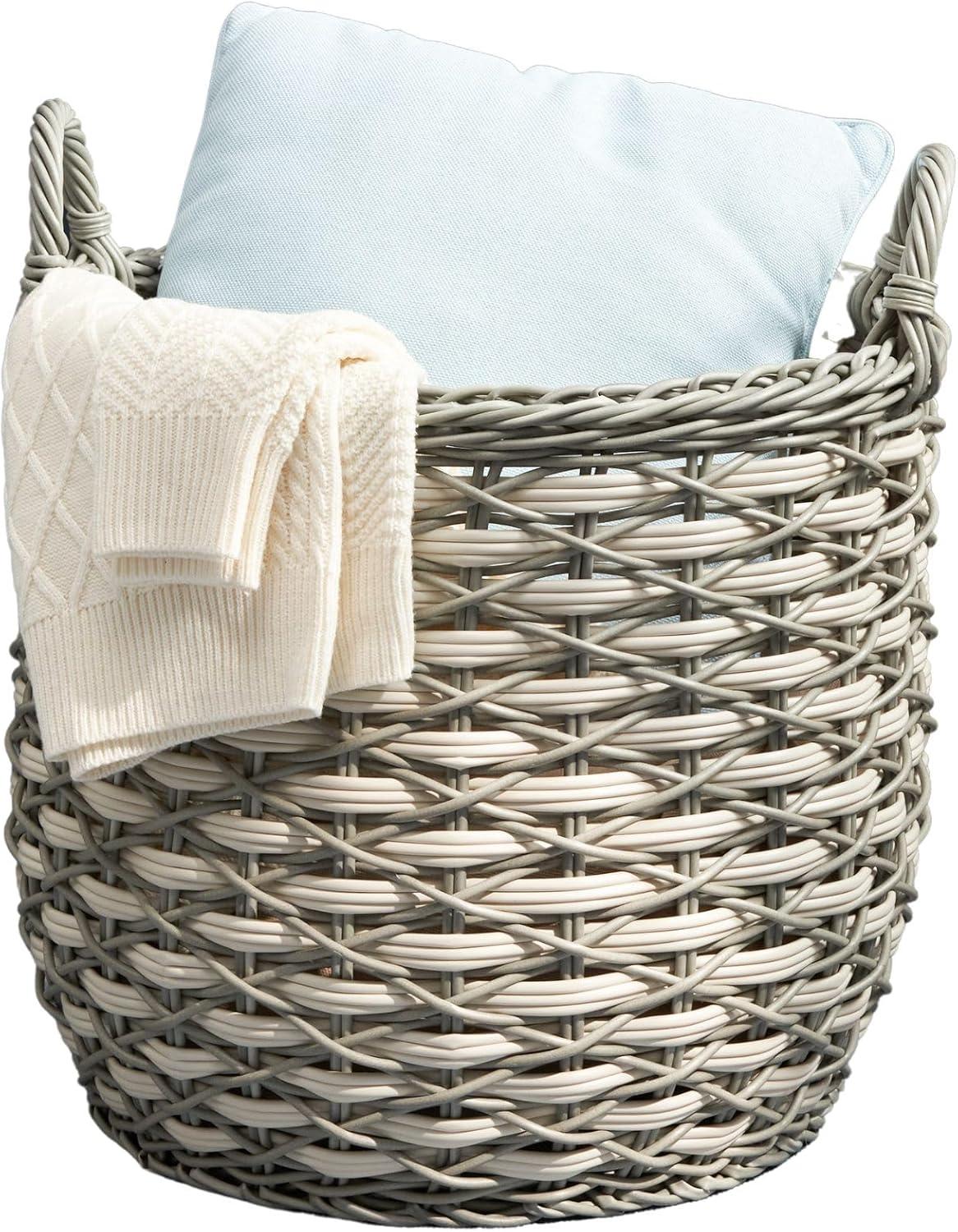 Solhome Zita Round Resin Woven Wicker Multi-Use Storage Basket with Handles 18" x 18" x 19.6" White Gray