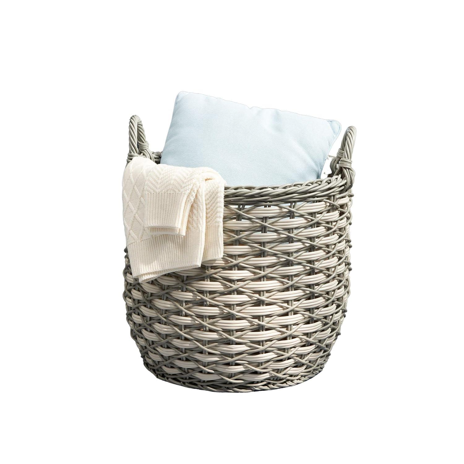 Solhome Zita Round Resin Woven Wicker Multi-Use Storage Basket with Handles 18" x 18" x 19.6" White Gray