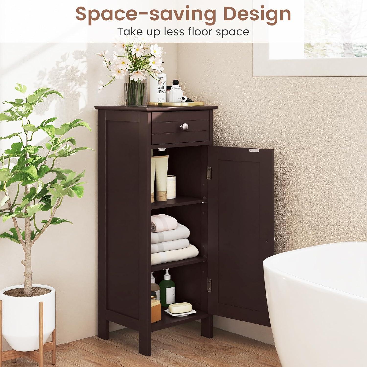 Bathroom Floor Cabinet, Standing Cabinet with Drawer and Doors, Storage Cabinet with 2 Adjustable Shelves, Brown