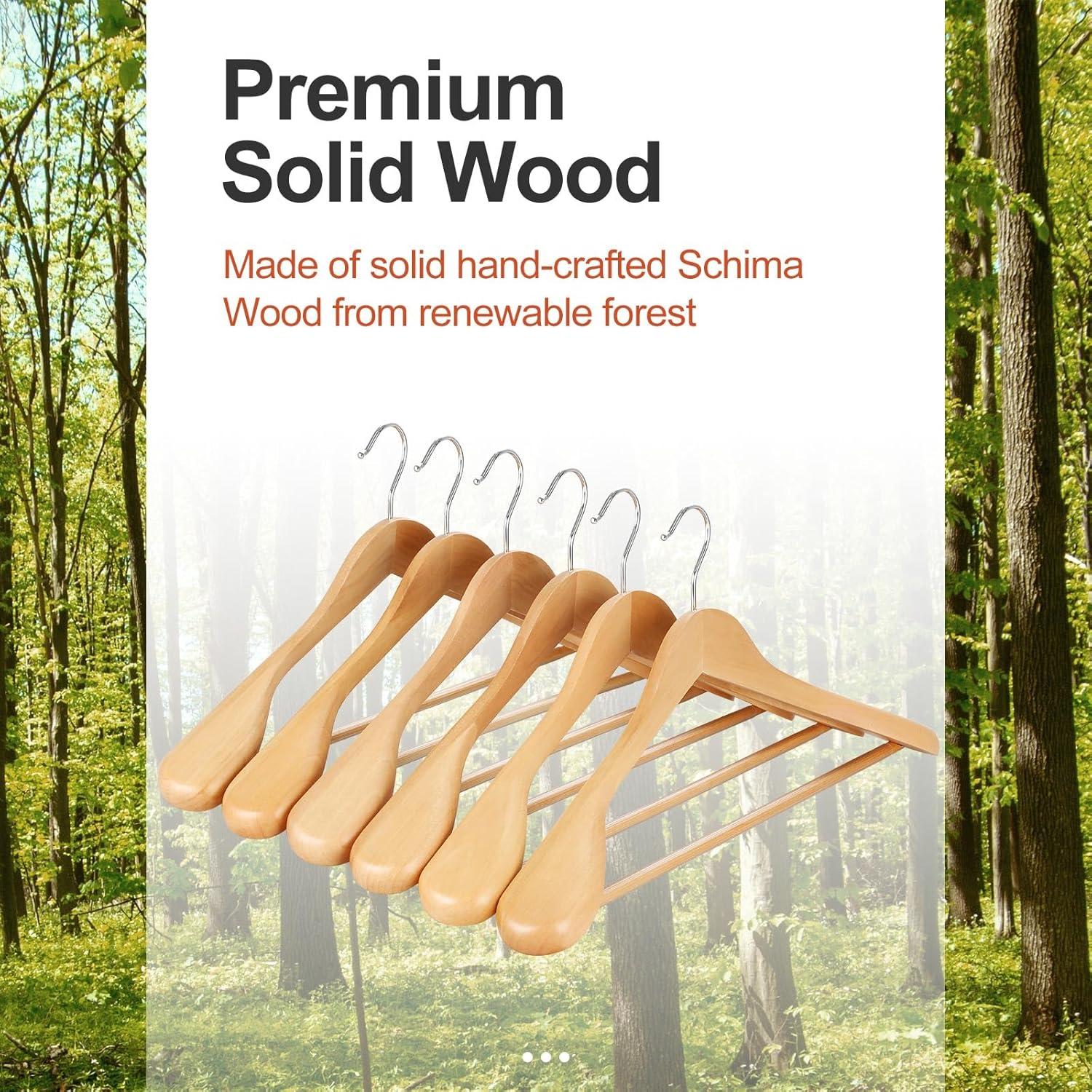 TOPIA HANGER Wide Shoulder Wooden Hangers, Suit Hangers with Non Slip Pants Bar & 360° Swivel Hook, Solid Wood Heavy Duty Coat Hanger, 6 Pack (Natural)-CT02NA