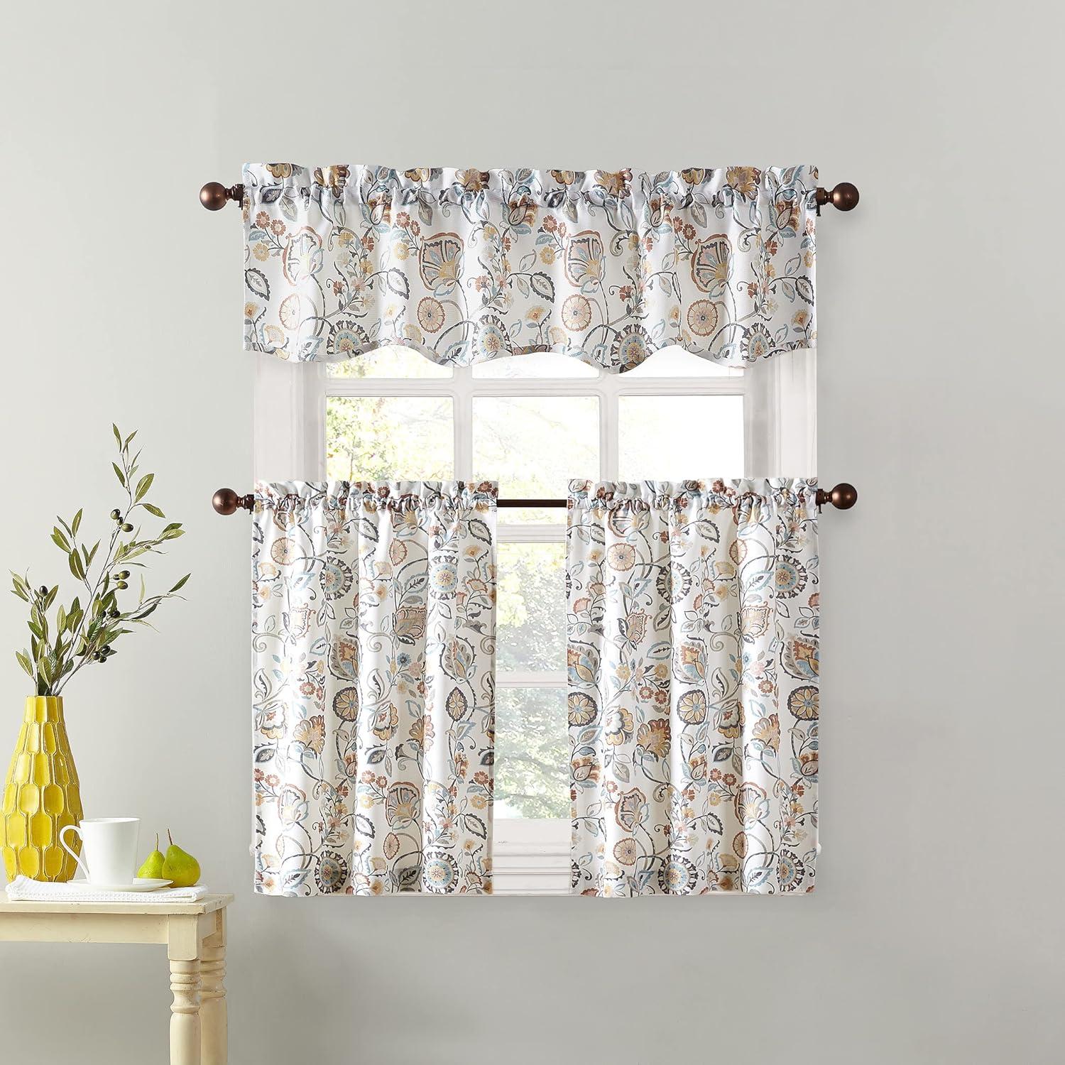 Signy Jacobean Pattern Light Filtering White Kitchen Curtain Tier Pair