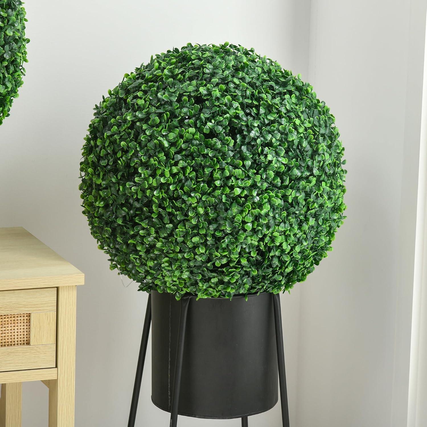 HOMCOM Artificial Boxwood Topiary Trees Balls, Set of 2 Potted Indoor Outdoor Fake Plants for Home Office, Living Room Decor