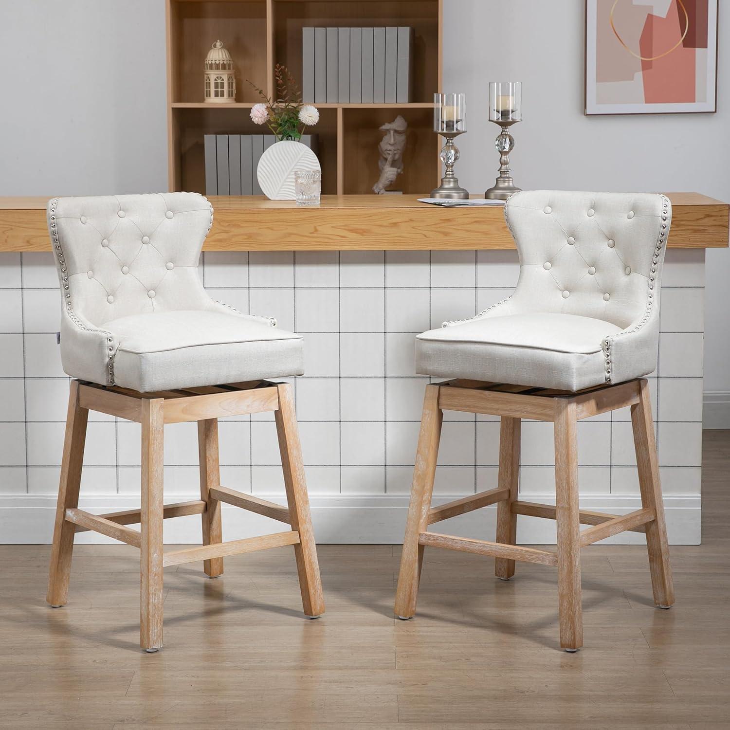 HOMCOM Upholstered Fabric Bar Height Bar Stools Set of 2, 180° Swivel Nailhead-Trim Pub Chairs, 30" Seat Height with Rubber Wood Legs