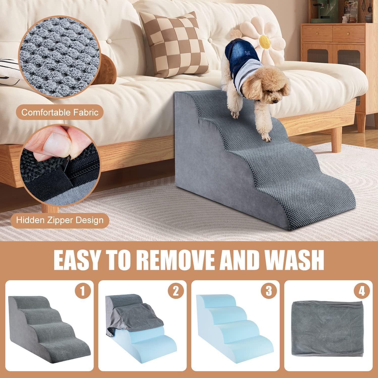 4 Steps Dog Stairs For Small Dogs, 18.5 Inch High, 30D Foam Dog Dtairs And Steps, Curved Steps