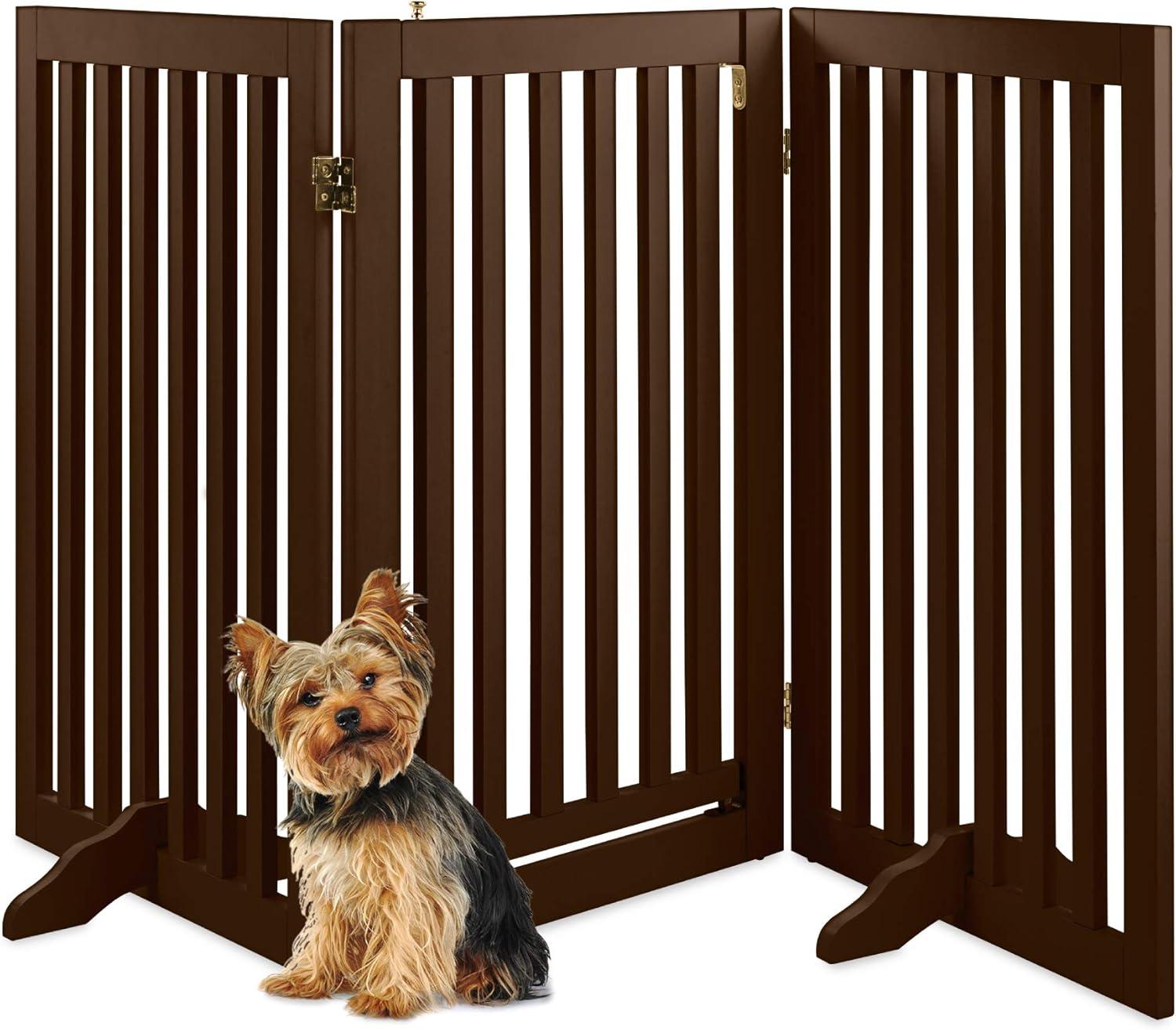 Best Choice Products 31.5in 3-Panel Freestanding Wooden Pet Gate w/ Walk Through Door, Adjustable Pen - Espresso