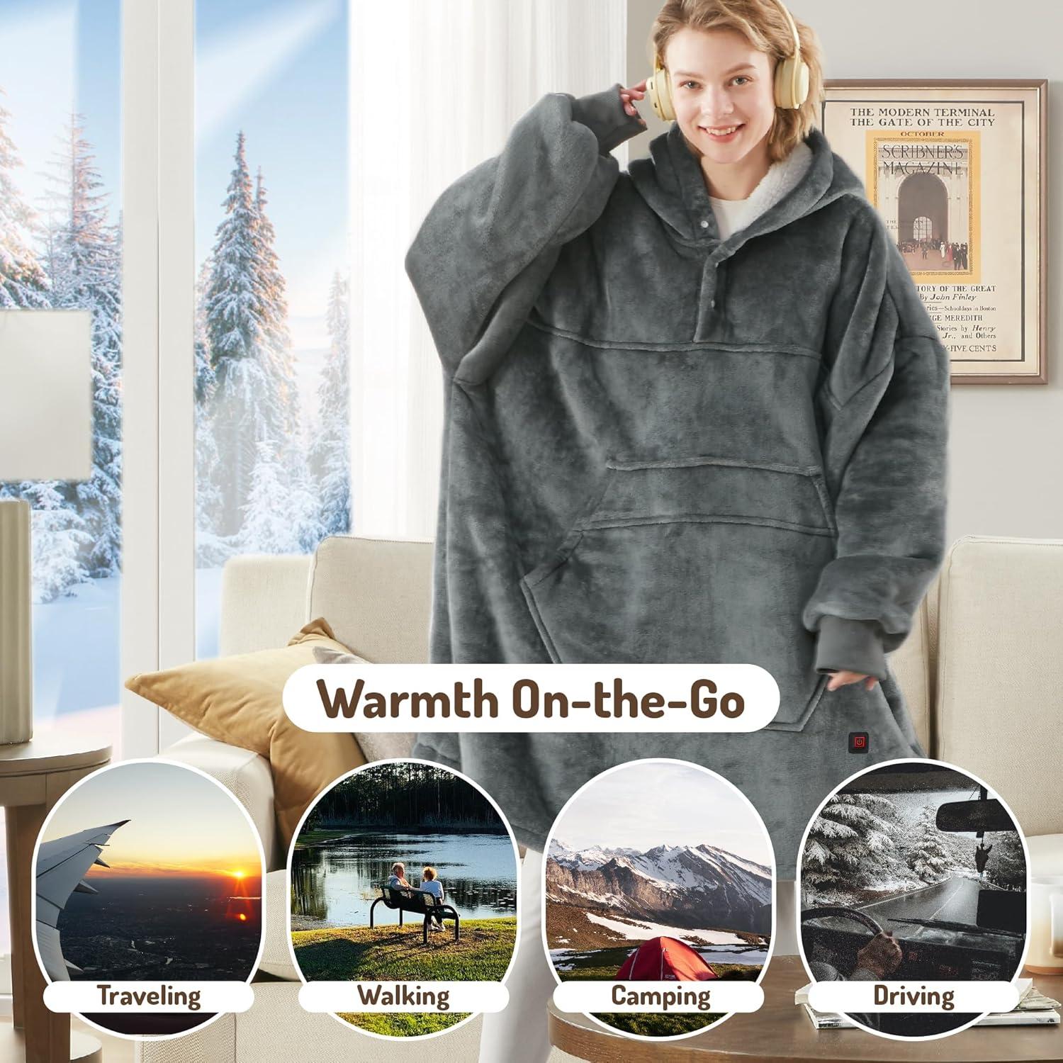 Gray Fleece Sherpa Hooded Heated Wearable Blanket