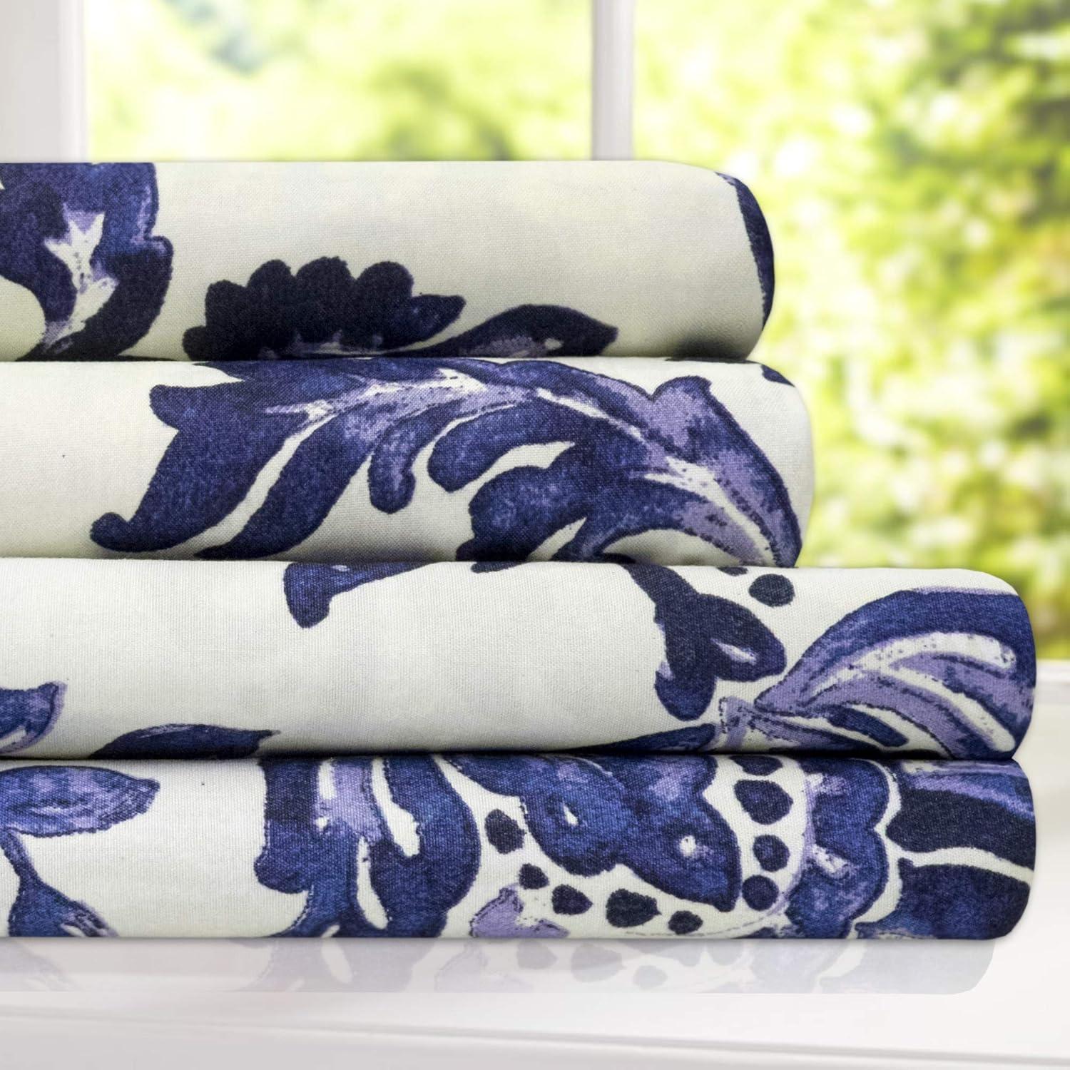 White and Navy Floral Microfiber Deep Pocket Sheet Set