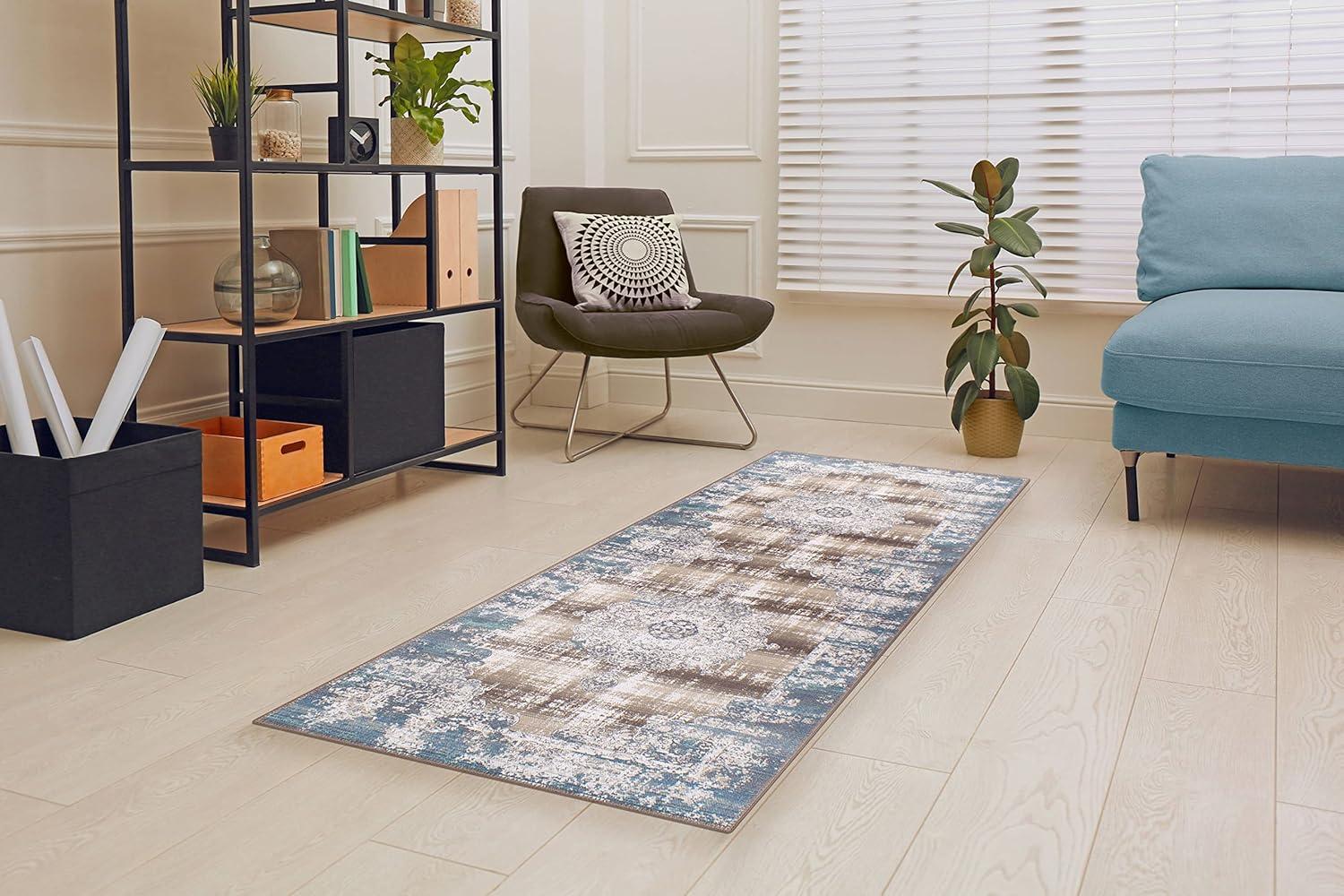 Blue and Brown Rectangular Machine Washable Oriental Rug