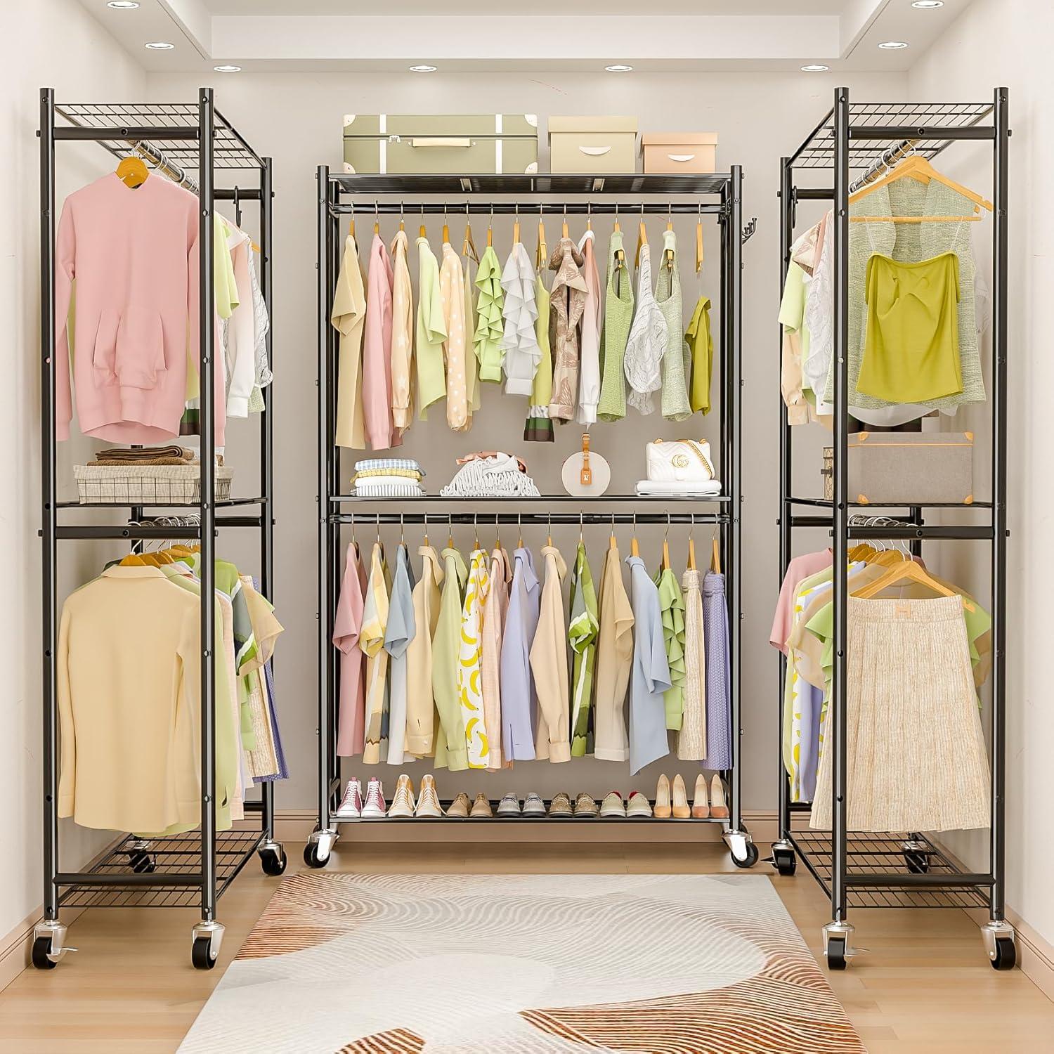 3 Tiers Rolling Clothes Rack With Wheels, Hanging Rods And Side Hooks