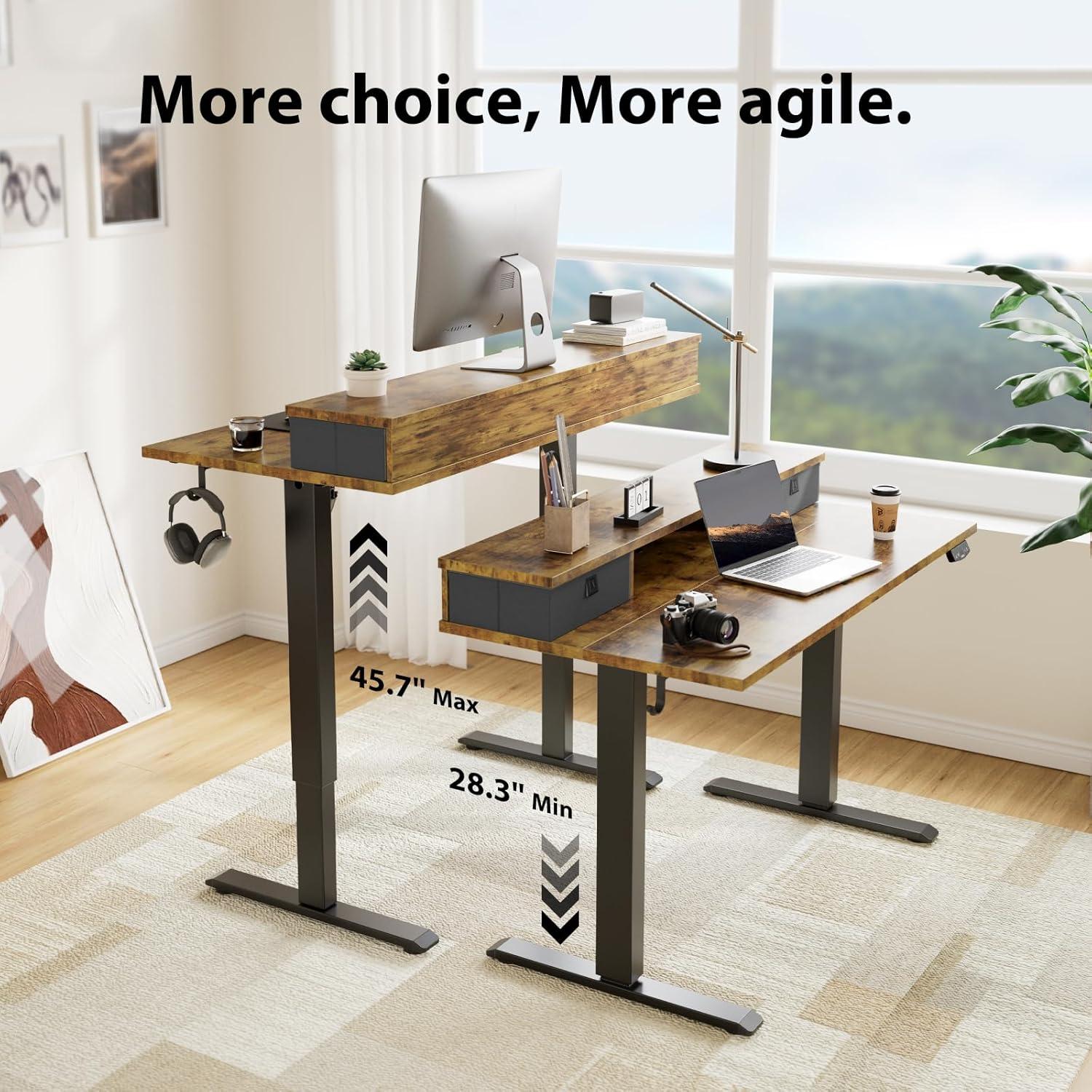 Agilestic Adjustable Height Electric Standing Desk with Storage Wooden Drawer, 55 x 24 Inches Stand Up Home Office Computer Gaming Table for Work Office Home, Rustic Brown