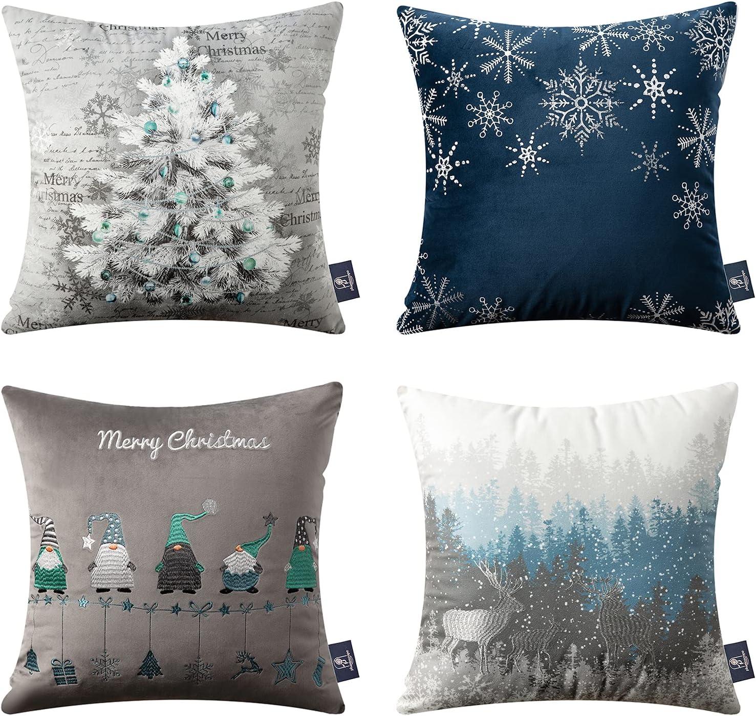 Phantoscope Merry Christmas Decorative Velvet Embroidery Throw Pillow Cover with Snowflake, Trees