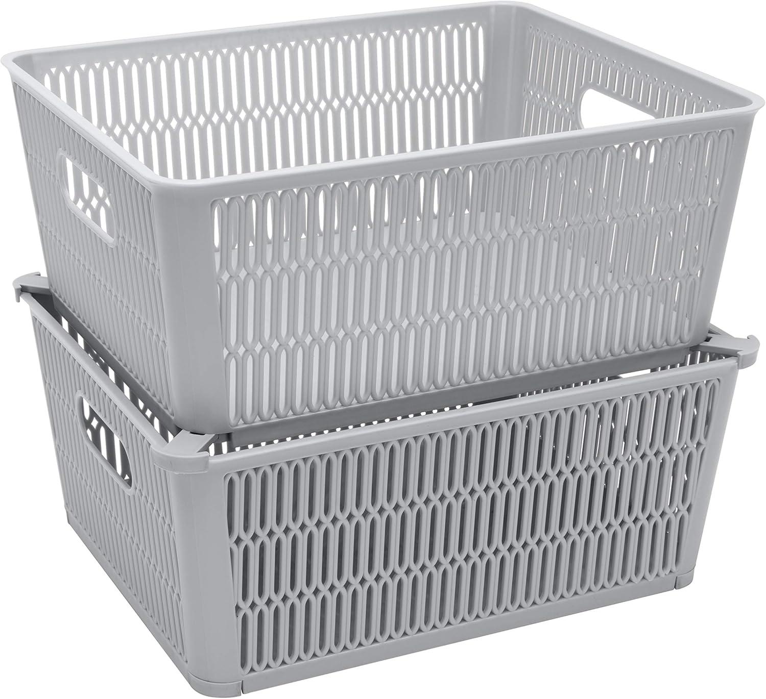 Simplify Slide 2 Stack Grey Plastic Storage Tote Baskets, 2-Pack