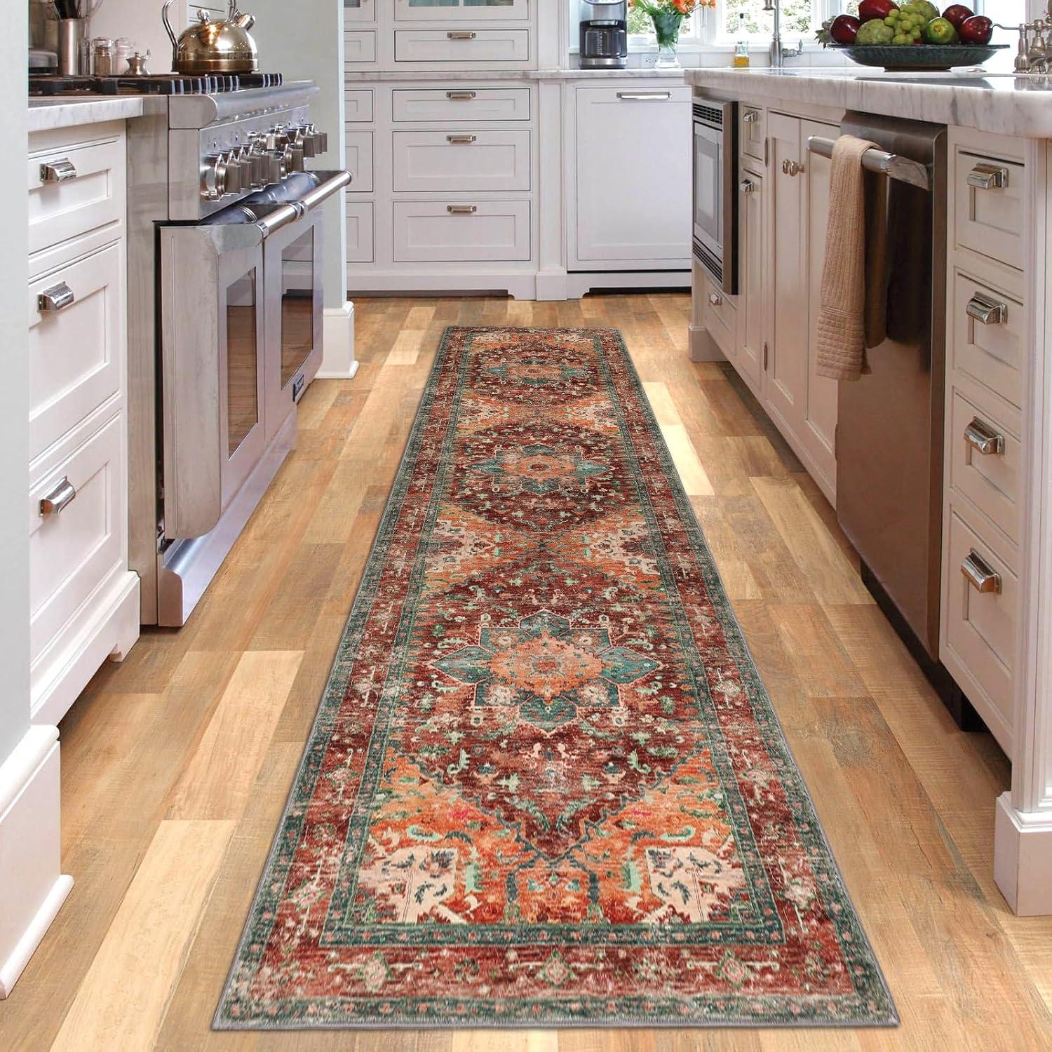 Rust and Teal Floral Flat Woven Washable Runner Rug