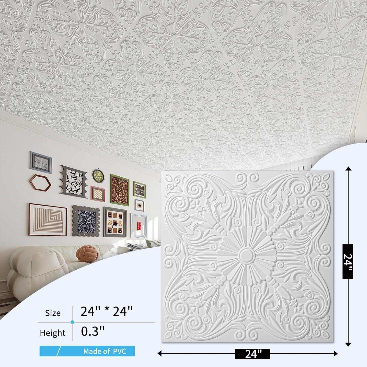 Art3d Art3d Decorative Ceiling Tile 2x2 Glue up, Lay in Ceiling Tile 24x24 Pack of 12pcs Spanish Floral in Matt White