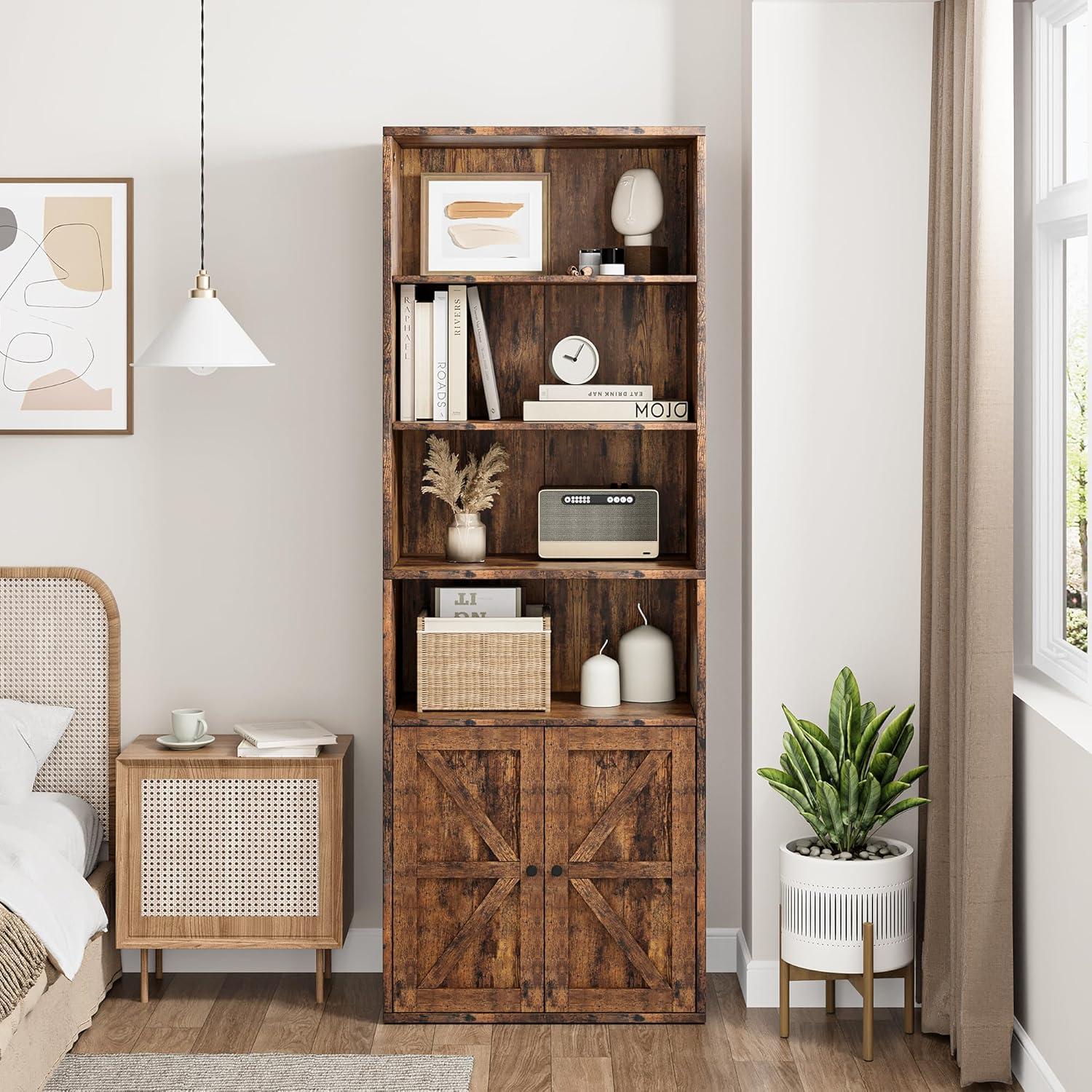 Rustic Brown Wood Farmhouse Bookcase with Doors