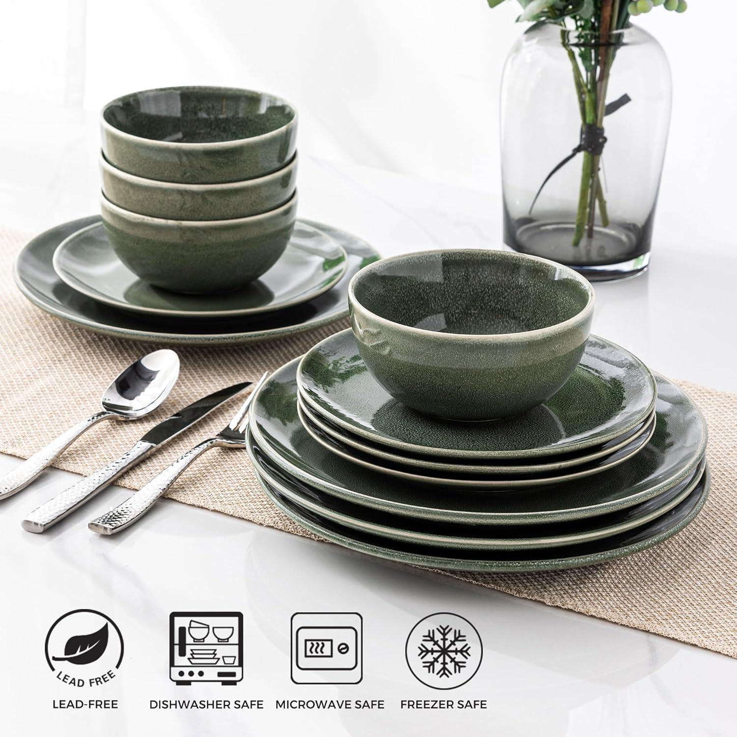 Jade Green Ceramic 12-Piece Dinnerware Set for 4