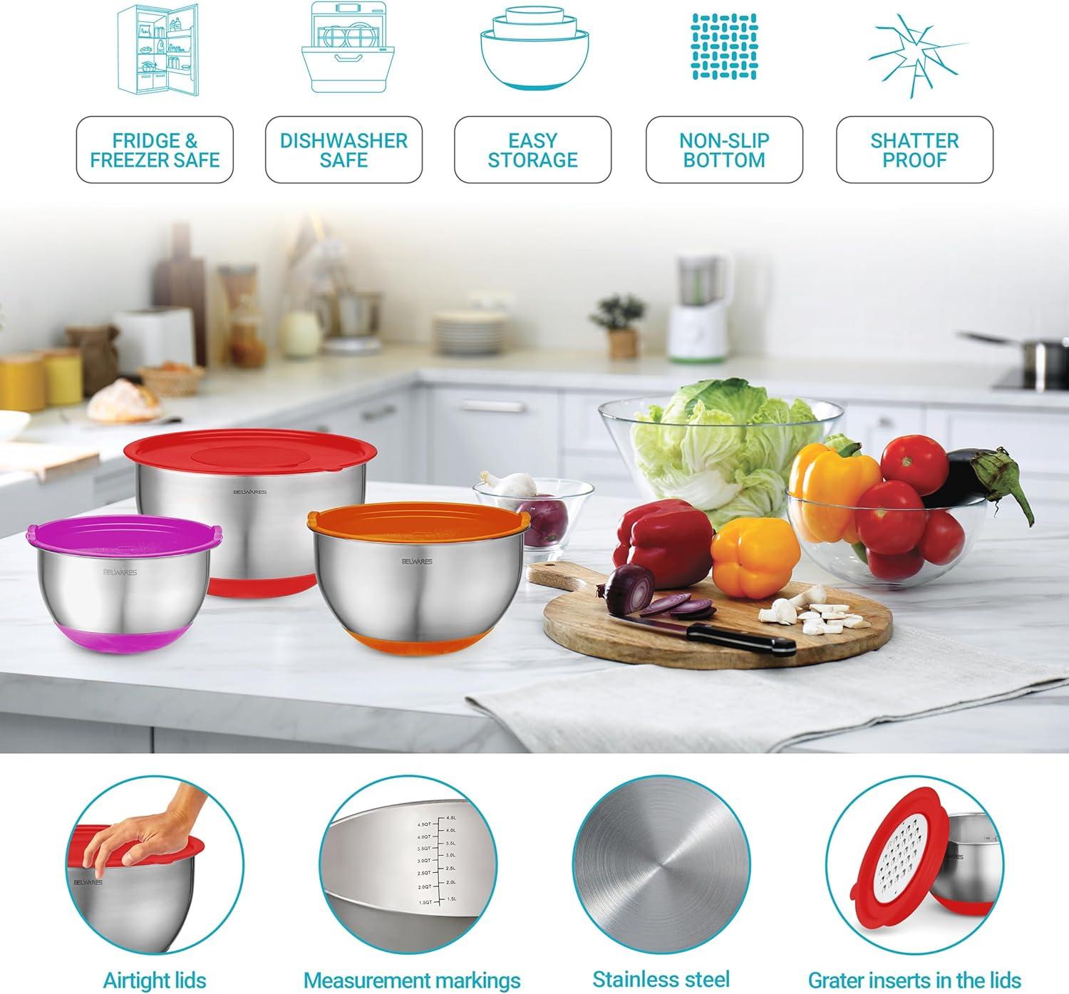 Toledo Bath & Kitchen Stainless Steel Mixing Bowls With Lids, 5-Pack Metal Nesting Bowls With Airtight Covers For Cooking, Baking, Serving, Storage, Non-Toxic & Dishwasher Safe, Size 4.6/3/1.5/1/0.7QT - Khaki