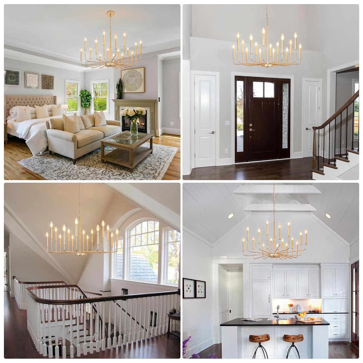 Farmhouse Gold Chandeliers for Dining Room, 16-Light Modern Candle Chandelier Light Fixture, Rustic Industrial Metal Chandeliers for Living Room, Kitchen, Staircase, Entryway, Foyer