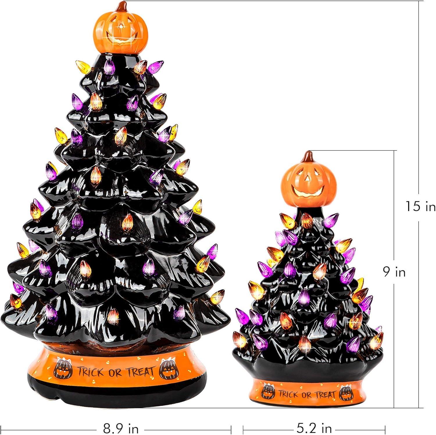 CodYinFI Christmas Tree - Decoration Made with Ceramic, Orange Pumpkin Head-Home Decoration-Trick Or Treat- Over 35 Multicolor Bulbs, LED Light Up by Battery - Black, 9 Inch