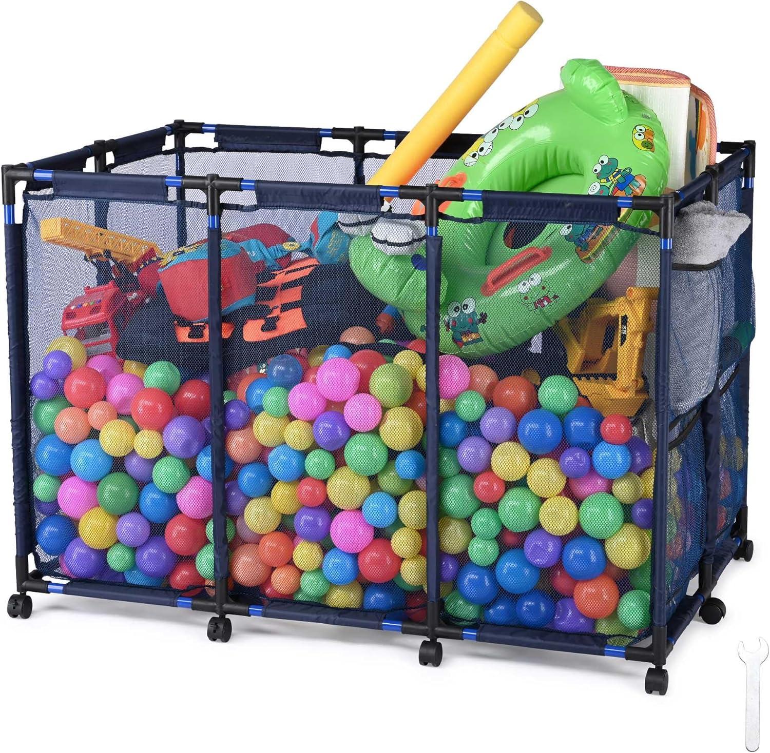 Yescom Metal Frame 10 Wheels Rolling Mesh Pool Storage Bin Pool Floats Storage Organizer for Pool Toys Balls Pool Noodles, Blue
