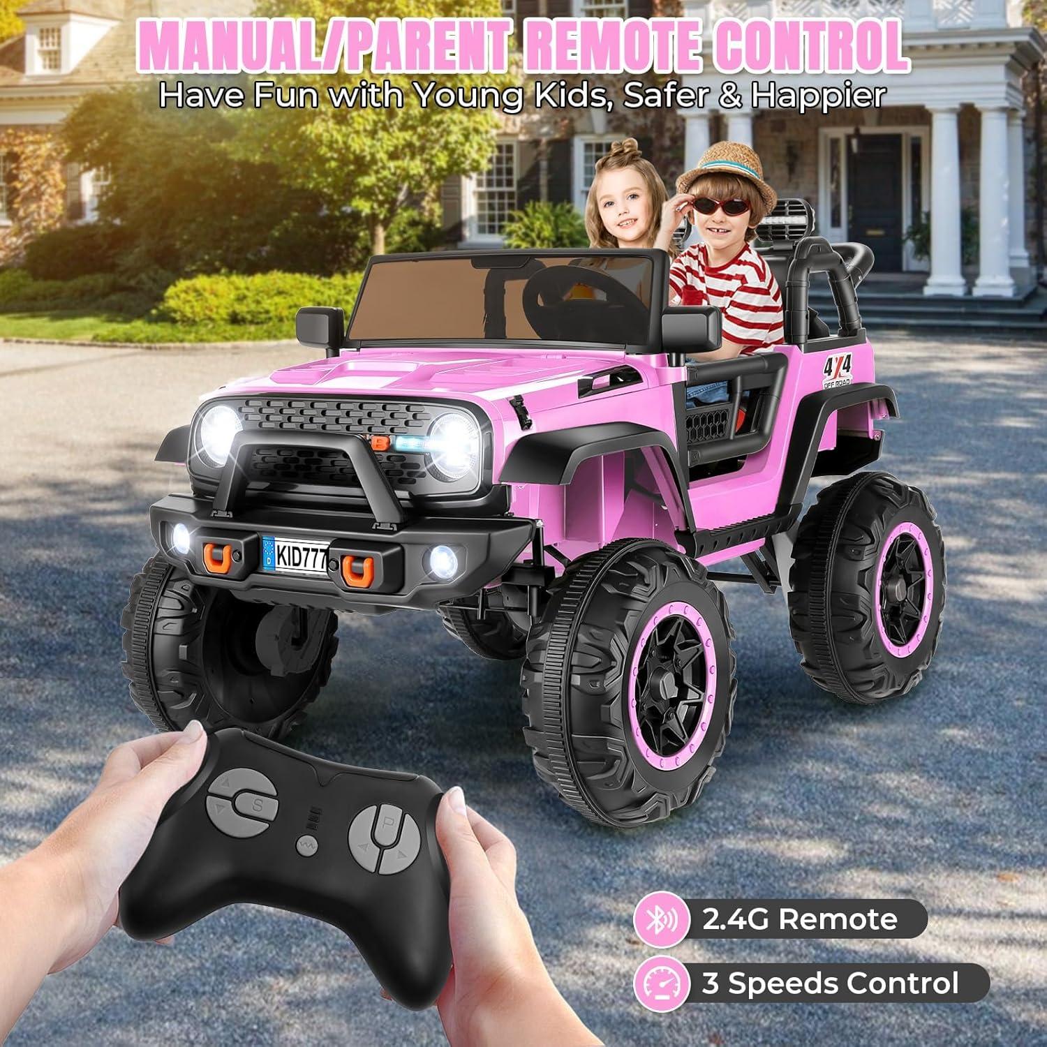 Electric Ride On Car, 24V 2 Seats for Kids, with Remote Control, 4WD Spring Suspension, 2 Speeds, Music, for 3+,Pink