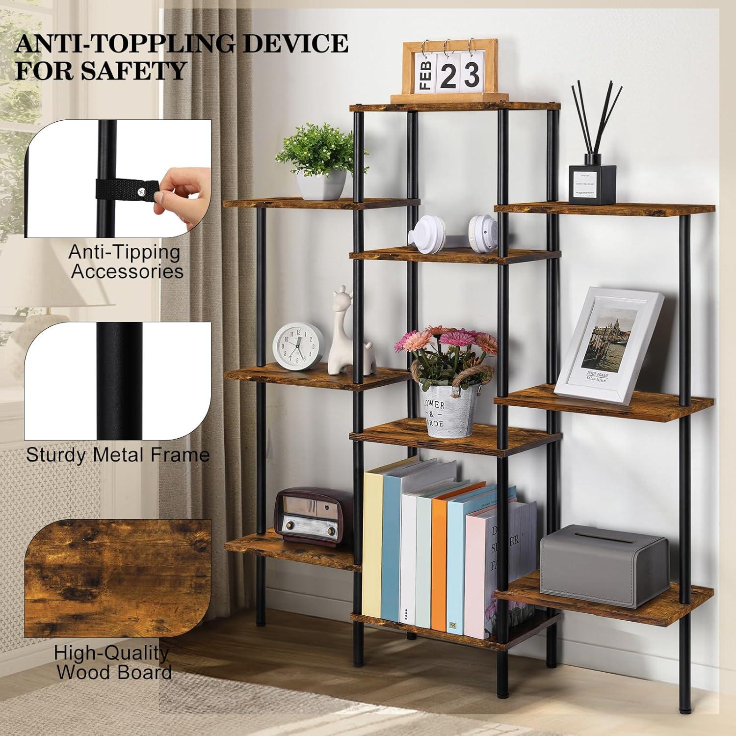 4-Tier Bookshelf,Small Triple Wide Bookcase for Books,CDs,Movies,Display Shelf with 10 Open Shelves for Living Room,Home Office,Balcony,Rustic Brown