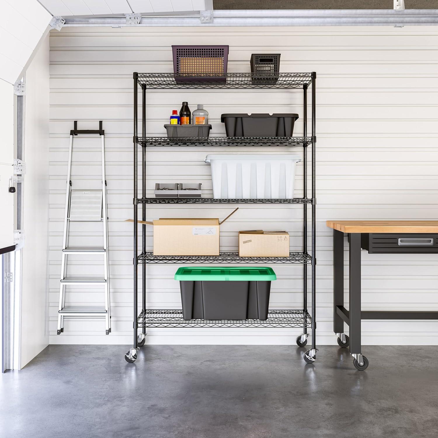 Black Adjustable 5-Tier Steel Wire Shelving Unit with Wheels