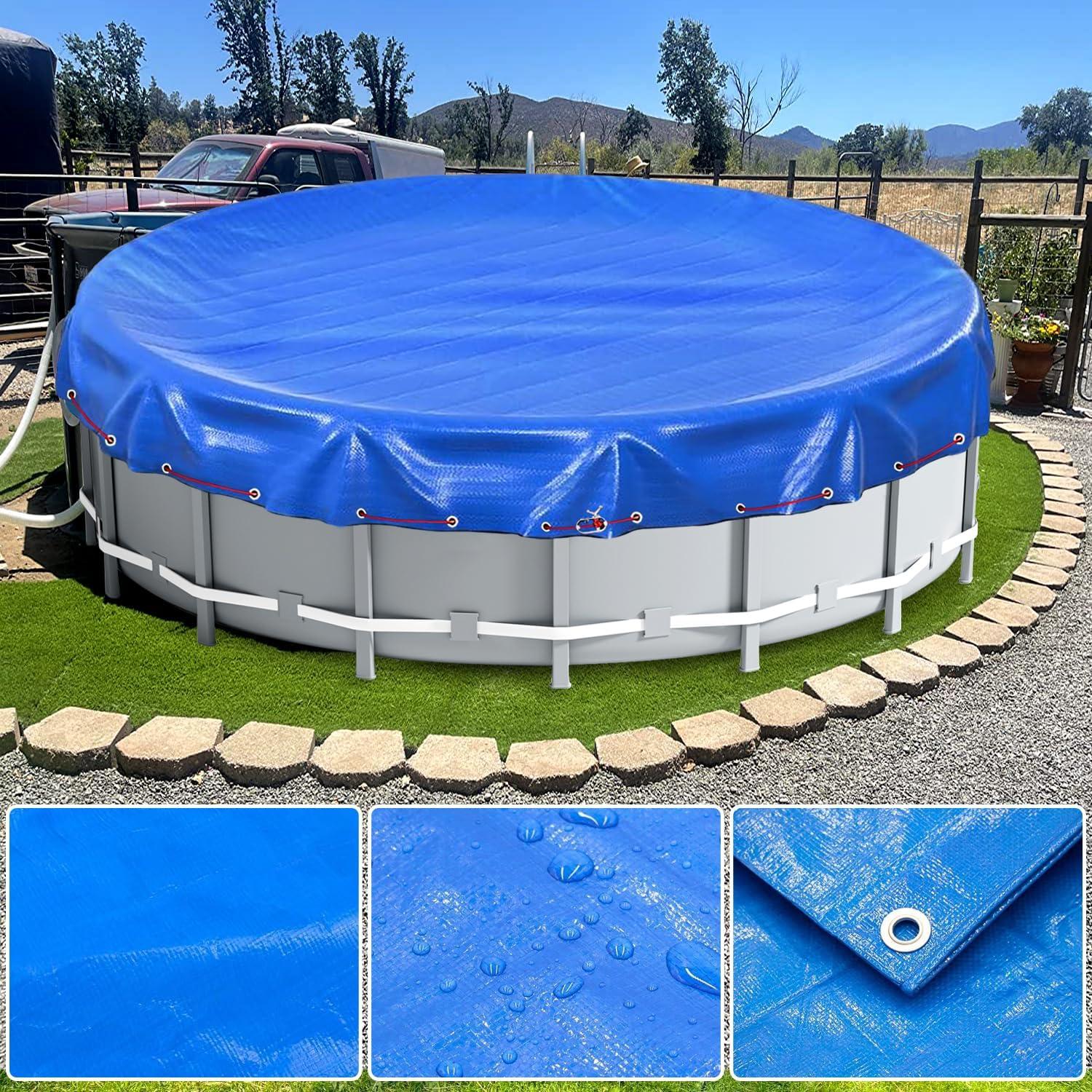 24ft Round Blue Above Ground Pool Cover with Steel Cable