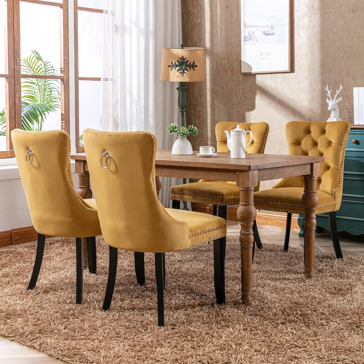 ODUSE-DAILY Yellow Velvet Dining Chairs Set of 4, Kitchen & Dining Room Chairs, Sillas De Comedor, Nailheads Tufted, Fabric Upholstered, Solid Wood (Gold, 4 Pcs)