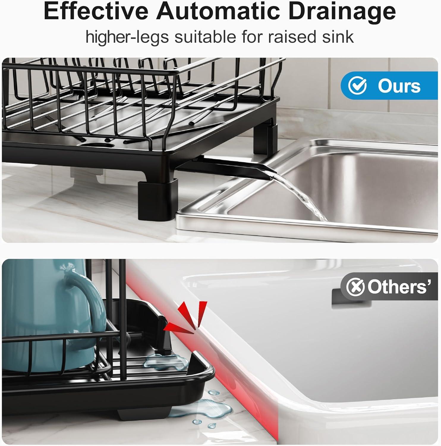 iSPECLE Dish Drying Rack with Drainboard - Dish Racks for Kitchen Counter, Rust-Resistant Compact Dish Drainer with Utensil Holder, Drain Spout and High Feet on Drip Tray, Black