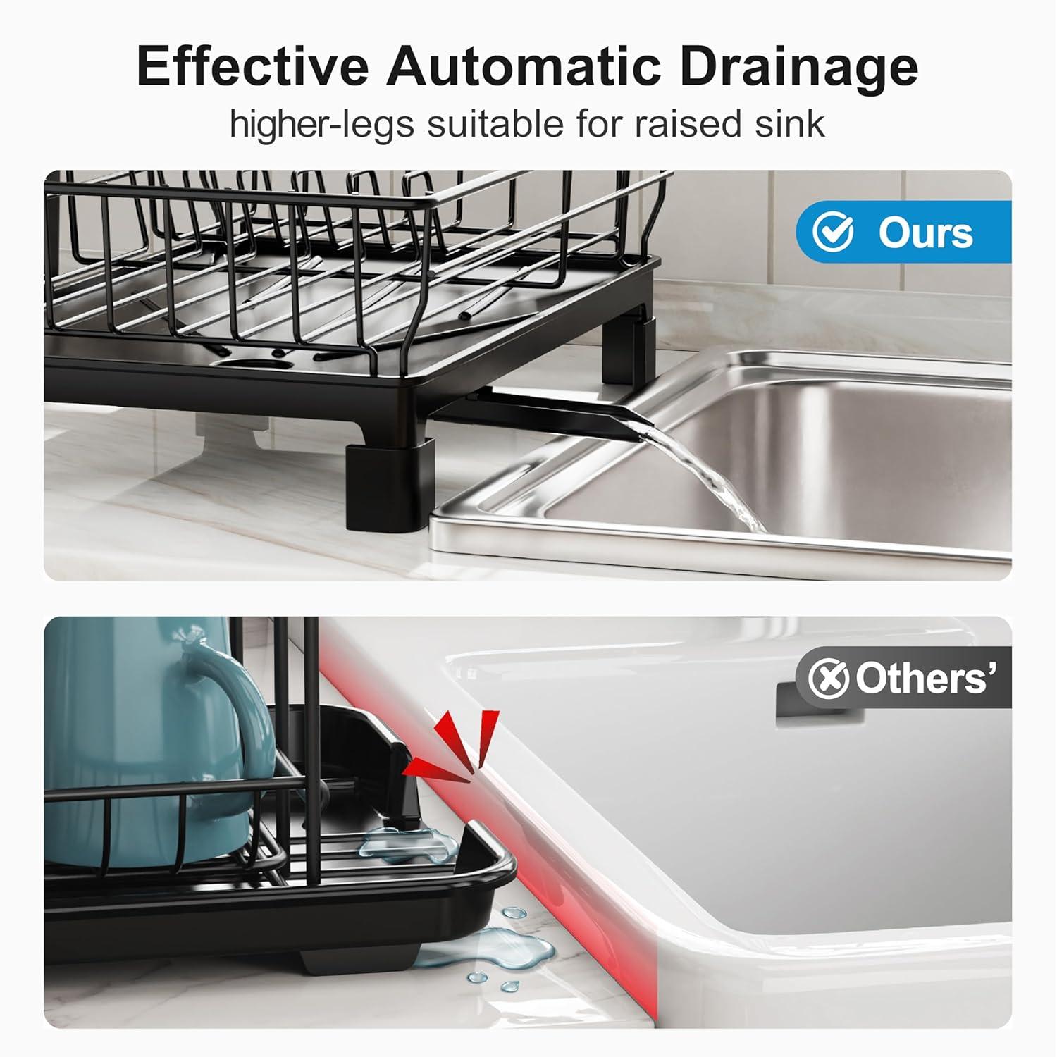 iSPECLE Dish Drying Rack with Drainboard - Dish Racks for Kitchen Counter, Rust-Resistant Compact Dish Drainer with Utensil Holder, Drain Spout and High Feet on Drip Tray, Black