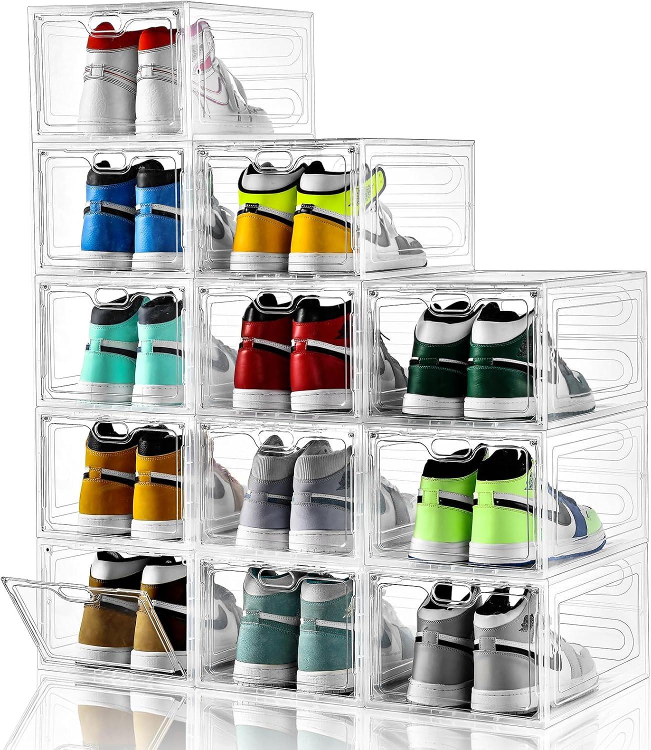 12 Pack Shoe Storage Boxes, Stackable Clear Boxes With Doors, Organizer Containers For Sneakers - Fit US Men's/Women's Size 12 (13.4"x 9.8"x 7.1")