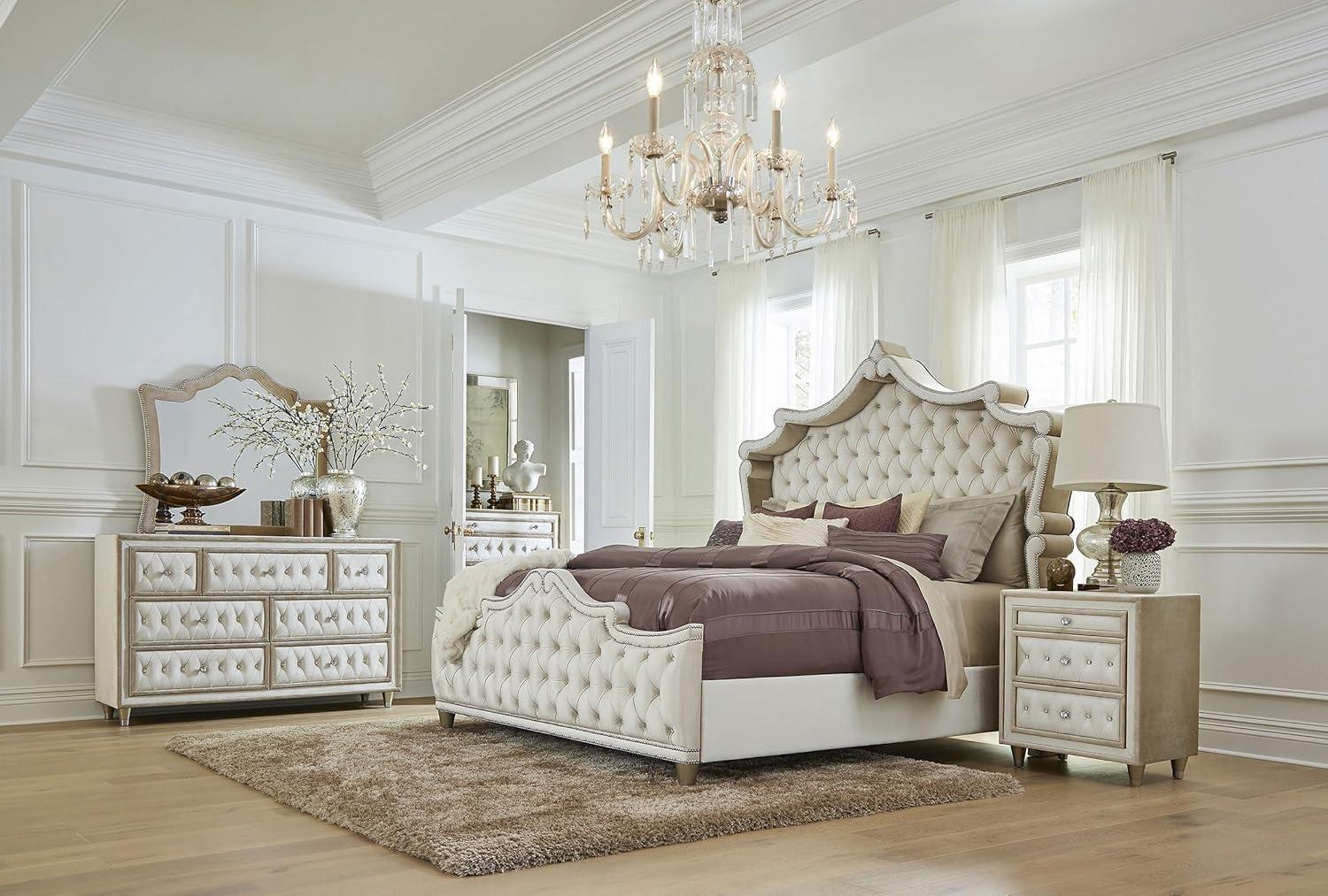 Antonella 5-Piece Eastern King Upholstered Tufted Bedroom Set Ivory and Camel