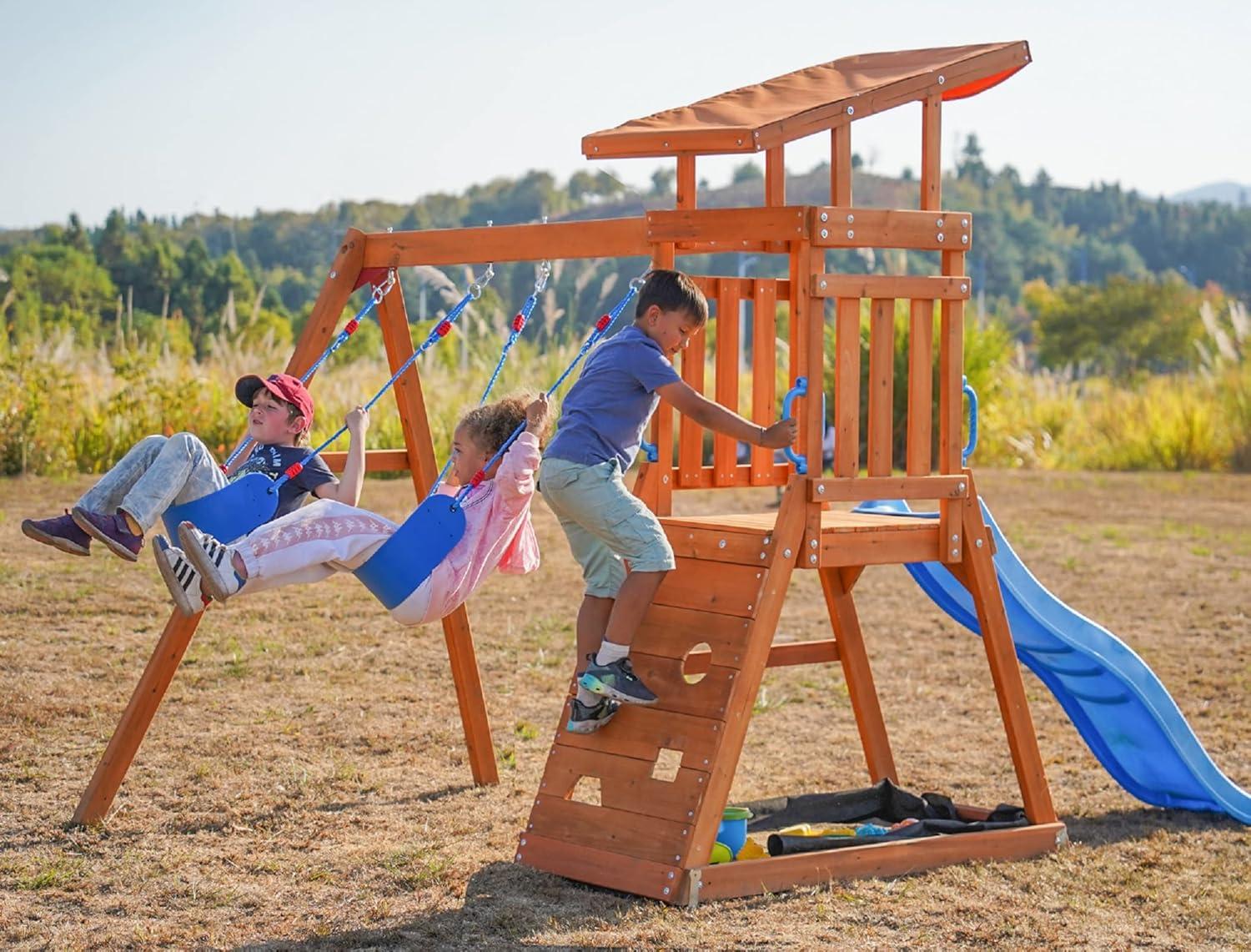 Dolphin Playground Wooden Swing Sets for Backyard, Family DIY Kit for Any Swings, Outdoor Playset for Kids with Trapeze Swing Bar and 2 Belt Swings, Heavy Duty Playground Accessories, Ages 3-10