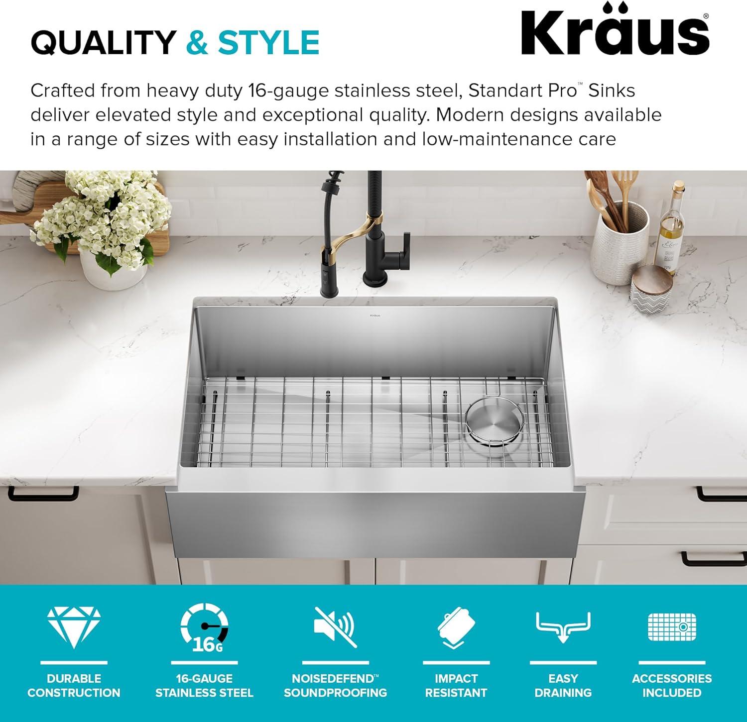 KRAUS Standart Pro Apron Front Farmhouse 16 Gauge Single Bowl Stainless Steel Kitchen Sink