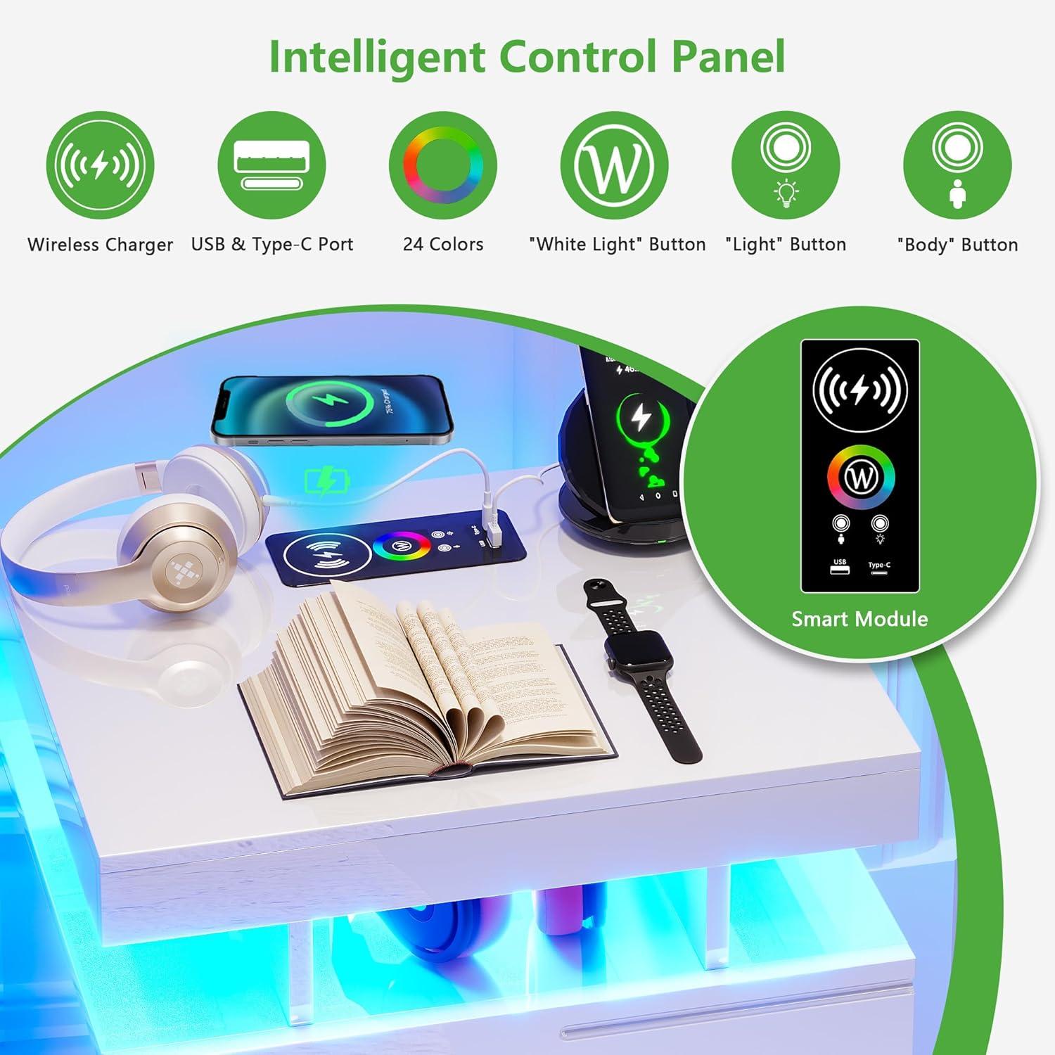 HNEBC Smart LED Nightstand with Wireless Charging & USB Ports, High Glossy Night Stand with 3 Drawers and 1 Pull-Out Tray, Modern Bedside Table with Human Sensor for Bedroom (White)