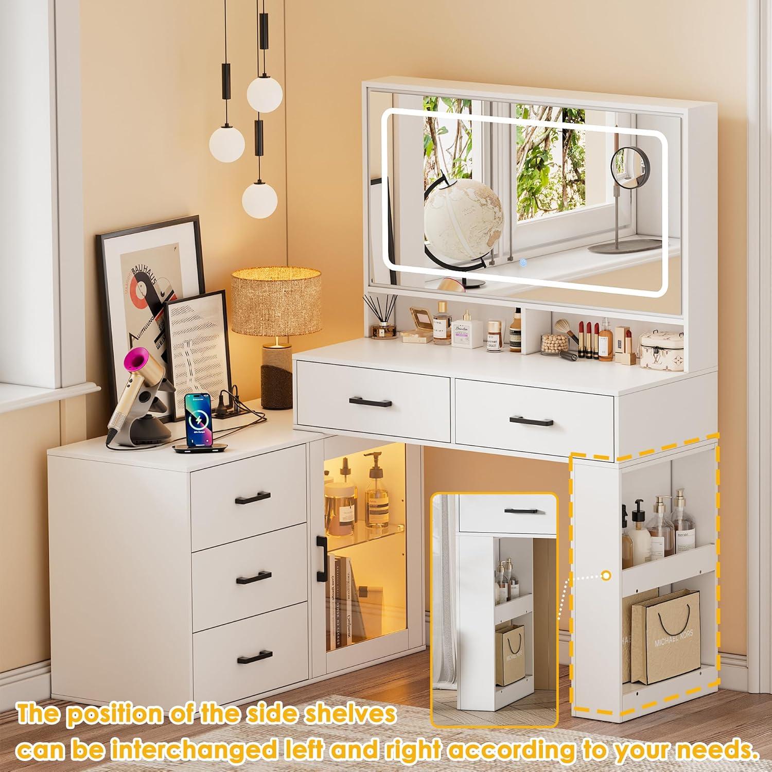 PAKASEPT Vanity Desk with Mirror and Lights, Corner Makeup Table with 3 Color Lighting, White Vanity with Power Strip & Hooks, Hidden and Open Shelves, Adjustable Brightness, 47.2 Inch