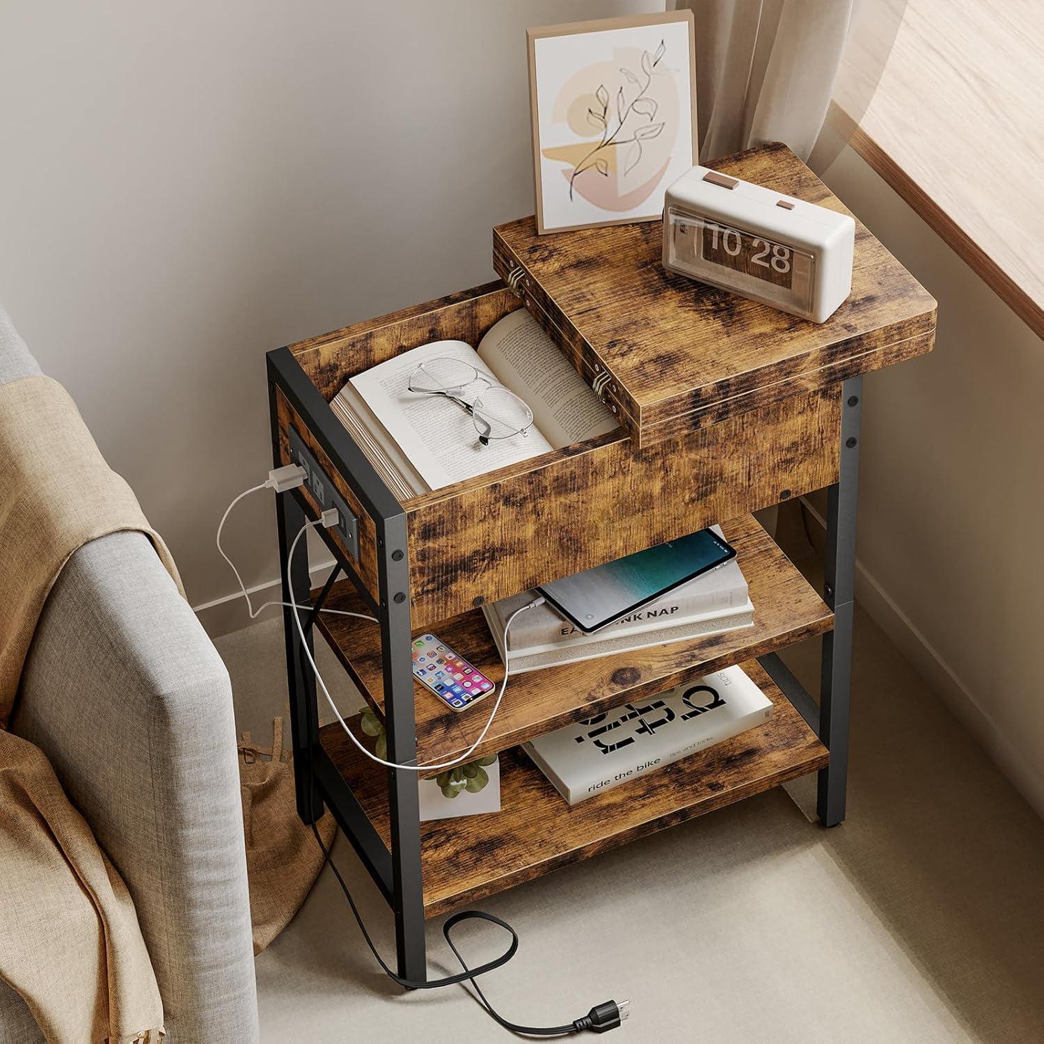 Bedroom table with USB charging port, three-layer storage shelf, and power socket-brown