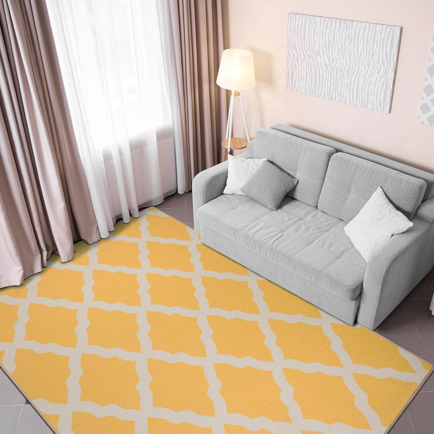 Yellow and White Moroccan Trellis Washable Kids Rug